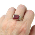 Art Deco Ring - Vintage 14k White Gold Rectangular Created Ruby Gemstone - Circa 1930s Size 10 1/4 Men's Unisex Bow Wheat Fine 30s Jewelry