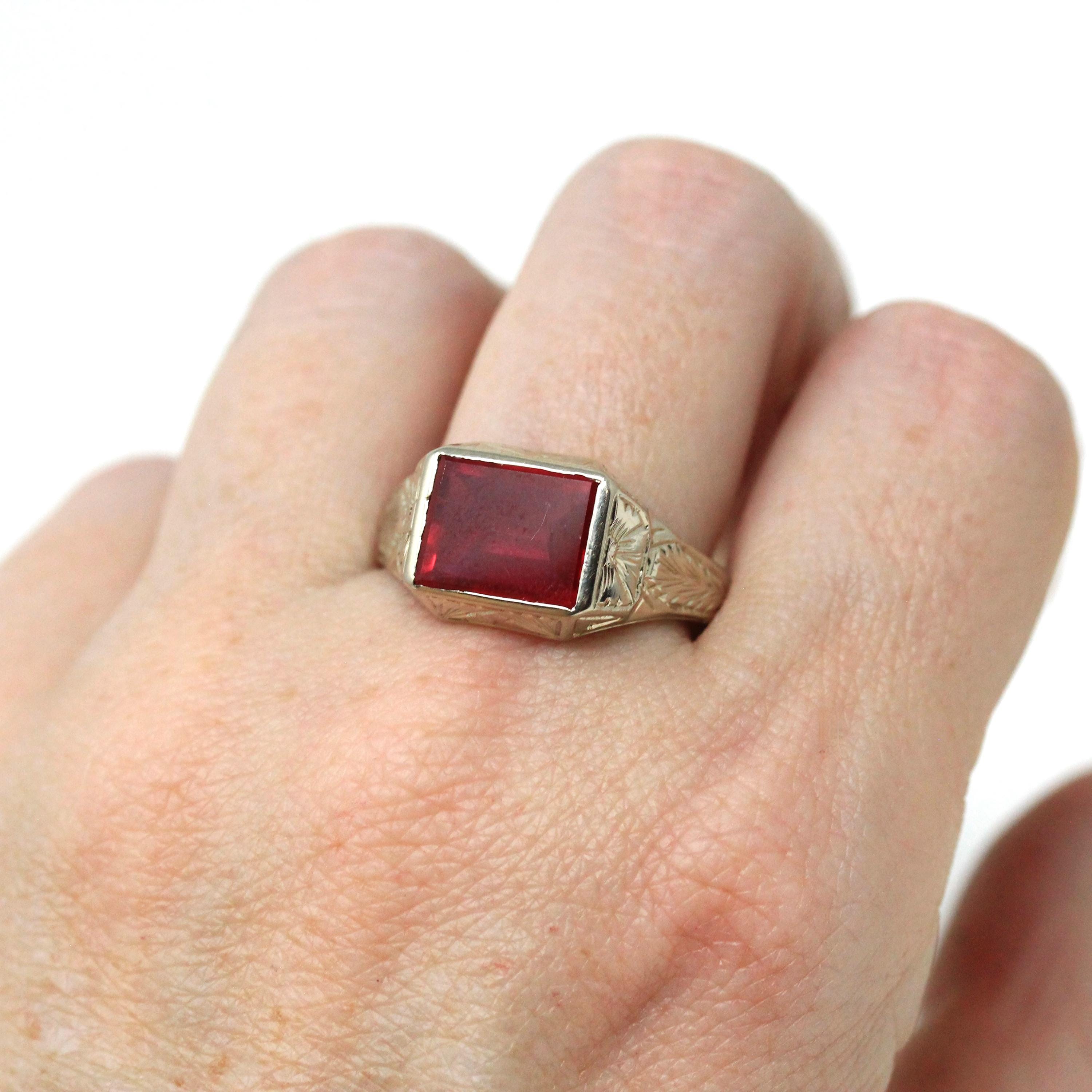 Art Deco Ring - Vintage 14k White Gold Rectangular Created Ruby Gemstone - Circa 1930s Size 10 1/4 Men's Unisex Bow Wheat Fine 30s Jewelry