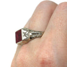 Art Deco Ring - Vintage 14k White Gold Rectangular Created Ruby Gemstone - Circa 1930s Size 10 1/4 Men's Unisex Bow Wheat Fine 30s Jewelry
