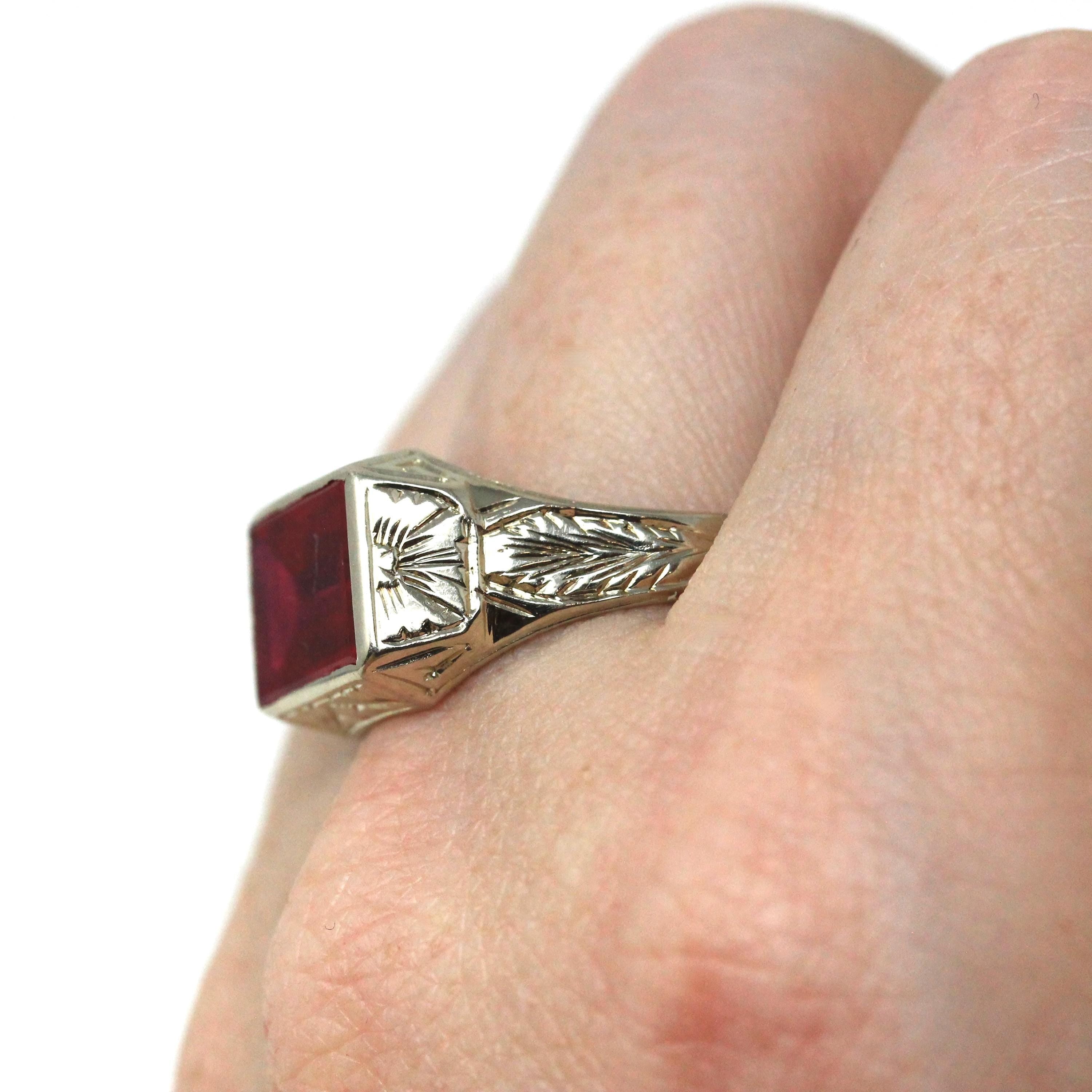 Art Deco Ring - Vintage 14k White Gold Rectangular Created Ruby Gemstone - Circa 1930s Size 10 1/4 Men's Unisex Bow Wheat Fine 30s Jewelry