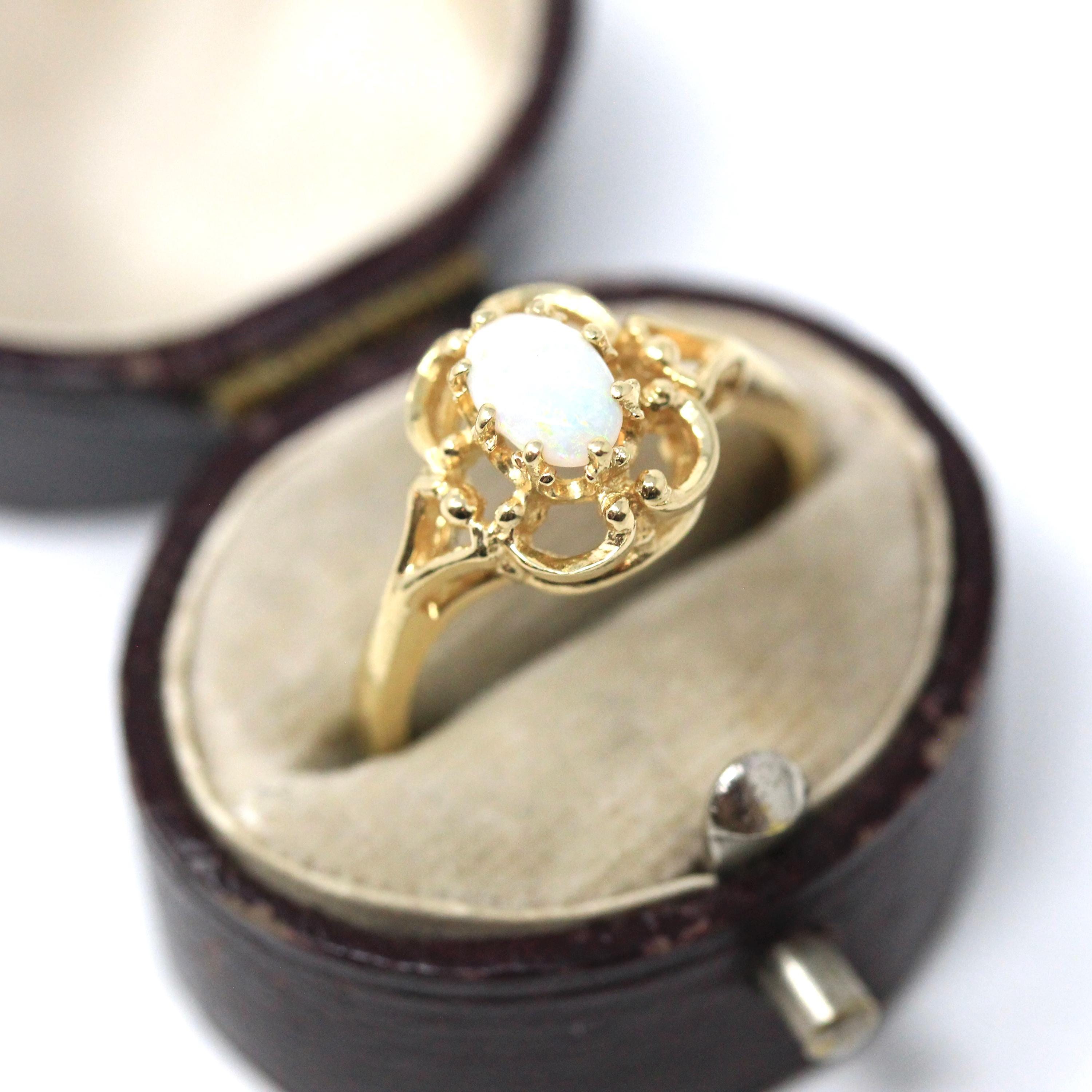 Vintage Opal Ring - Retro 10k Yellow Gold Oval Cabochon Natural Gemstone - Circa 1970s Era Size 6 October Birthstone Open Metal Fine Jewelry