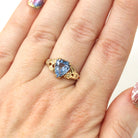 Vintage Heart Ring - Mid Century 10k Yellow Gold Created Blue Spinel Gemstone - Circa 1940s Era Size 6 Flower Leaves Design Fine 40s Jewelry