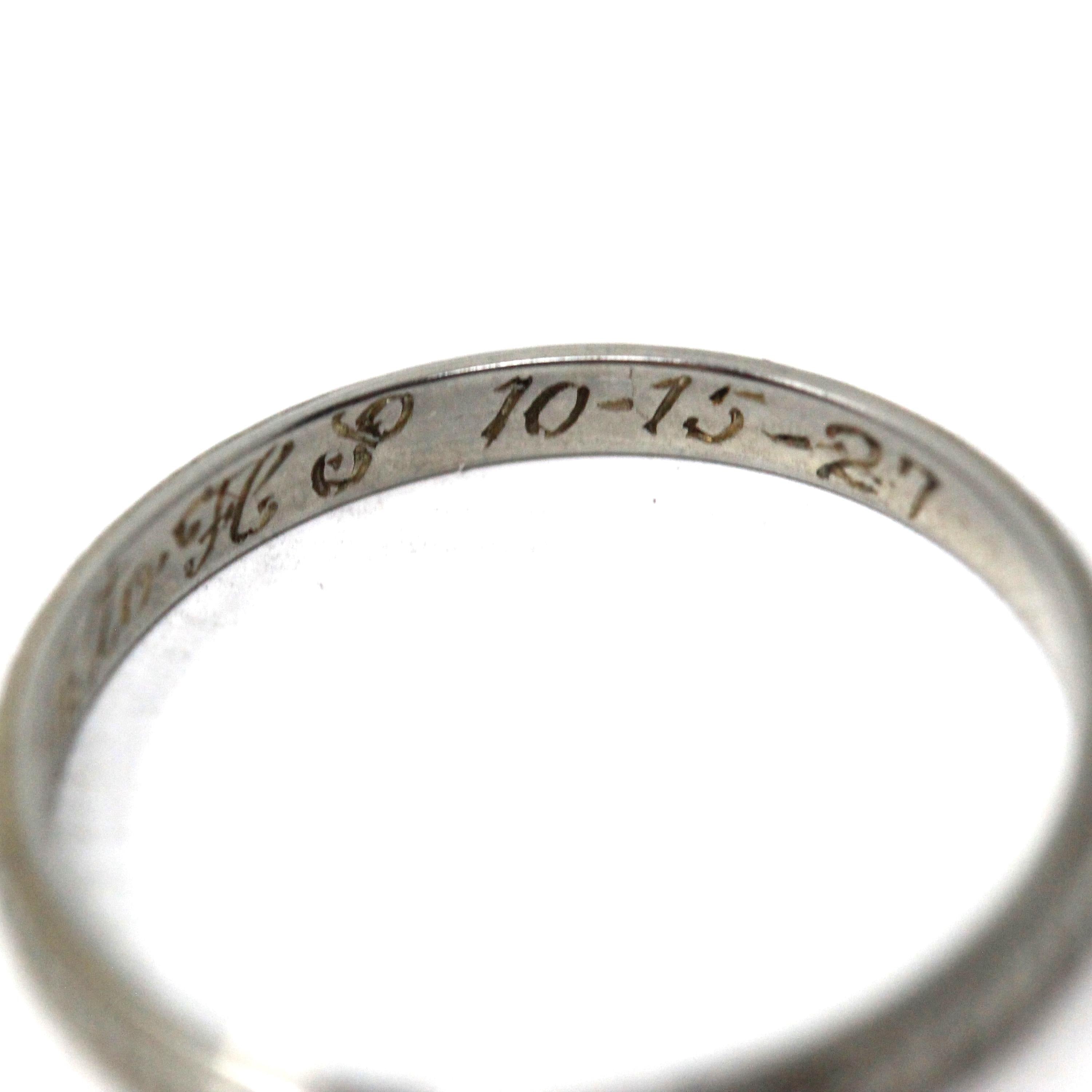 Antique Wedding Band - Art Deco 18k White Gold "T.O.M. to H.P. 10-15-27" Eternity Flower Ring - Vintage 1920s Size 7 1/4 Bridal Fine Jewelry