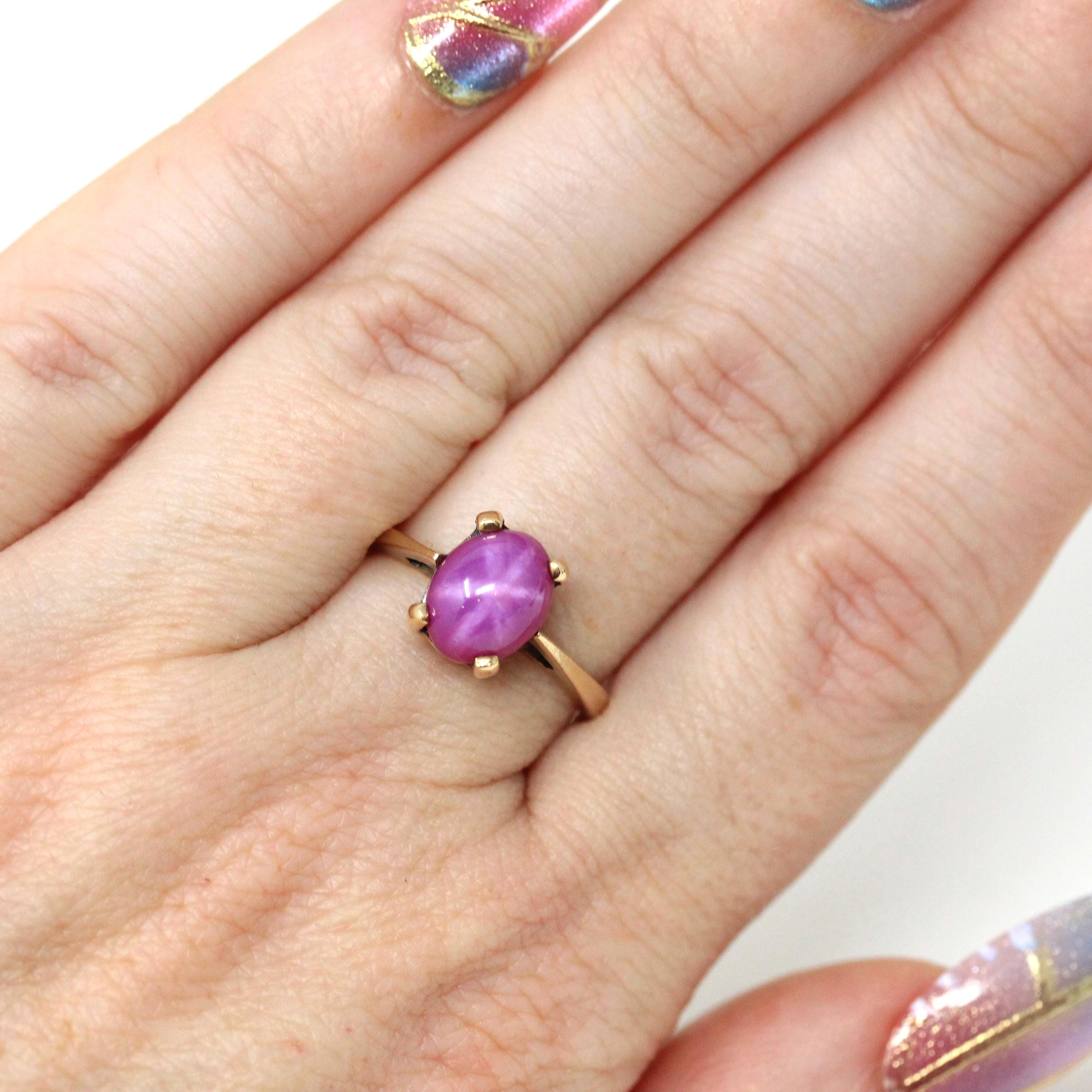 Created Star Ruby Ring - Retro 10k Yellow Gold Cabochon Cut Pink Solitaire Gemstone - Vintage 1960s Era Size 6 Celestial Fine 60s Jewelry