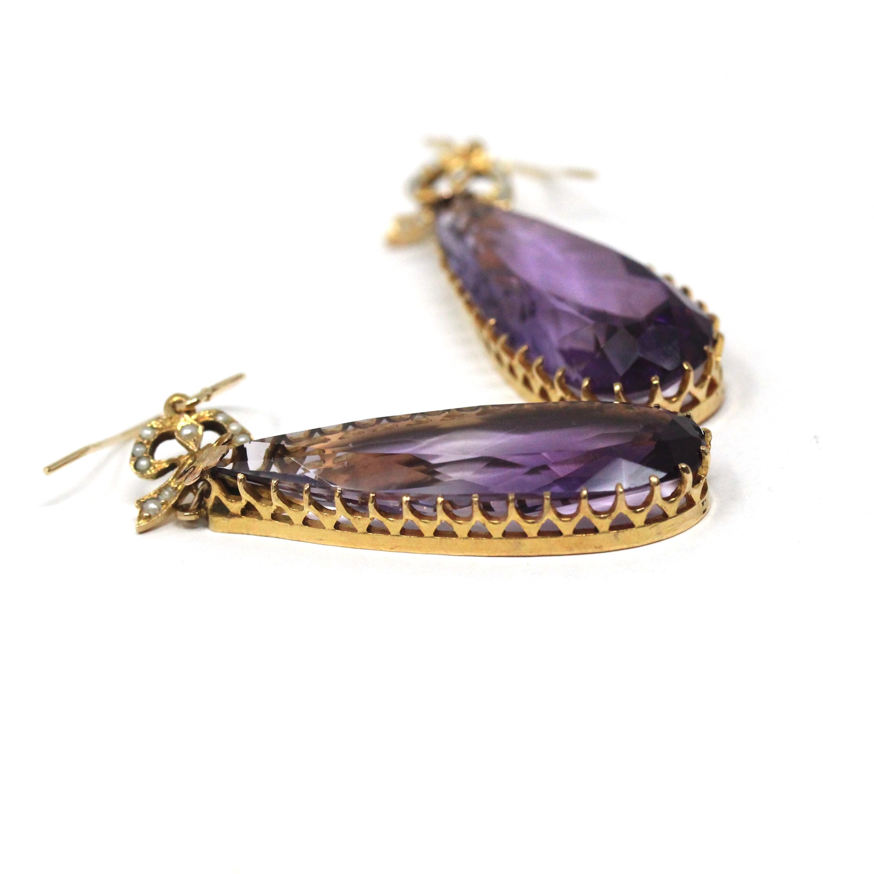 Antique Amethyst Earrings - Edwardian 10k Yellow Gold Natural Purple Teardrop Gemstone - Vintage 1910s Seed Pearl Bow Hook Wire Fine Jewelry