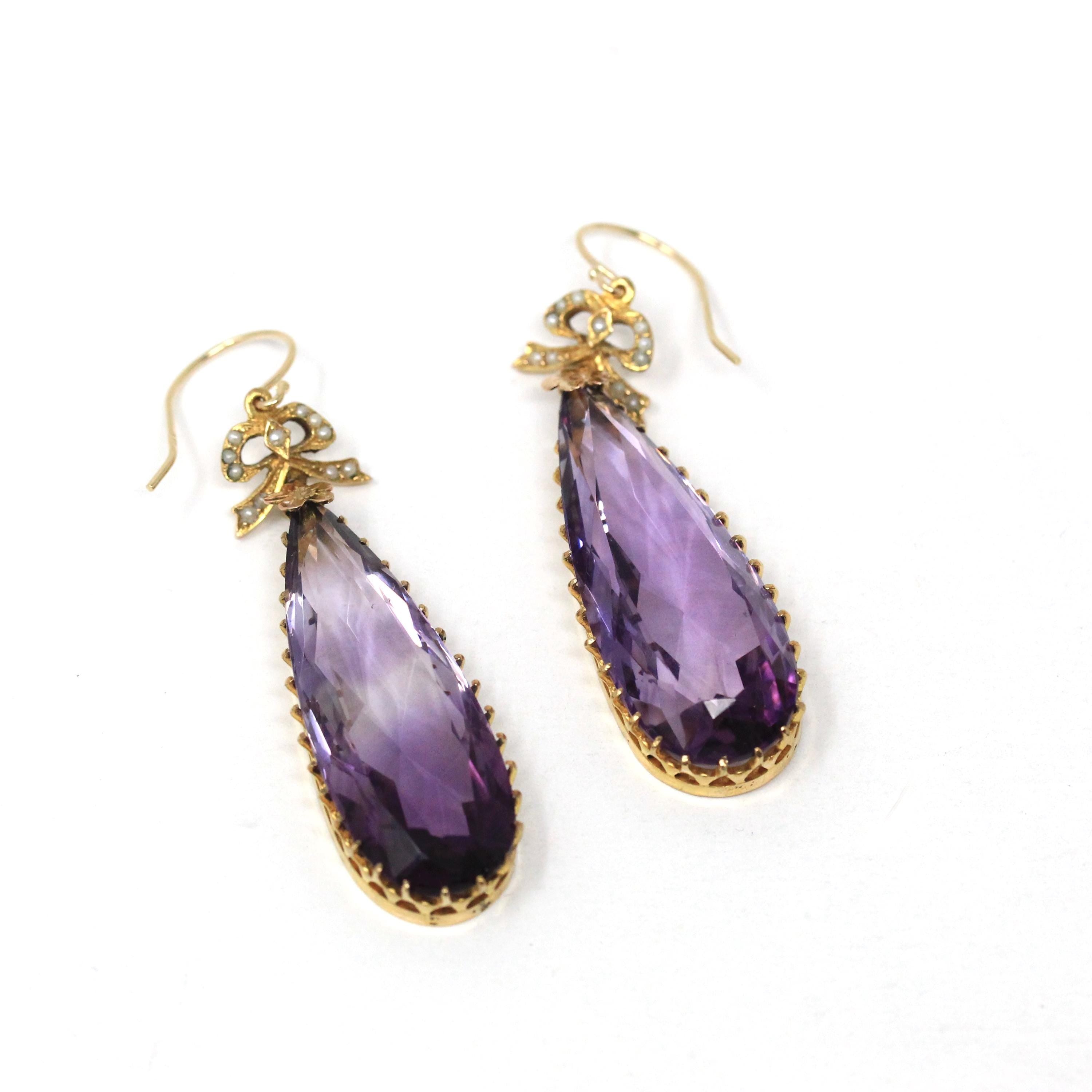 Antique Amethyst Earrings - Edwardian 10k Yellow Gold Natural Purple Teardrop Gemstone - Vintage 1910s Seed Pearl Bow Hook Wire Fine Jewelry