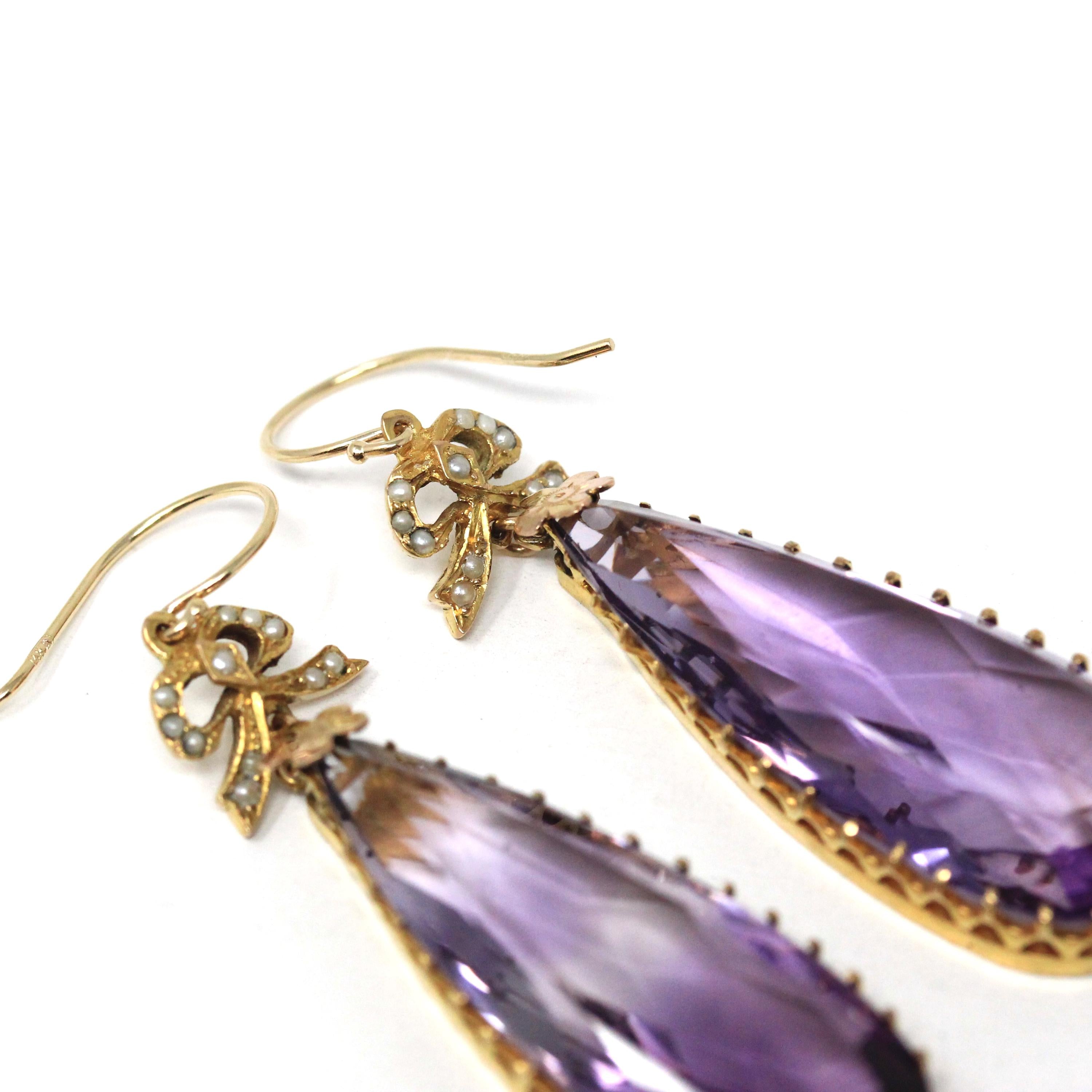 Antique Amethyst Earrings - Edwardian 10k Yellow Gold Natural Purple Teardrop Gemstone - Vintage 1910s Seed Pearl Bow Hook Wire Fine Jewelry