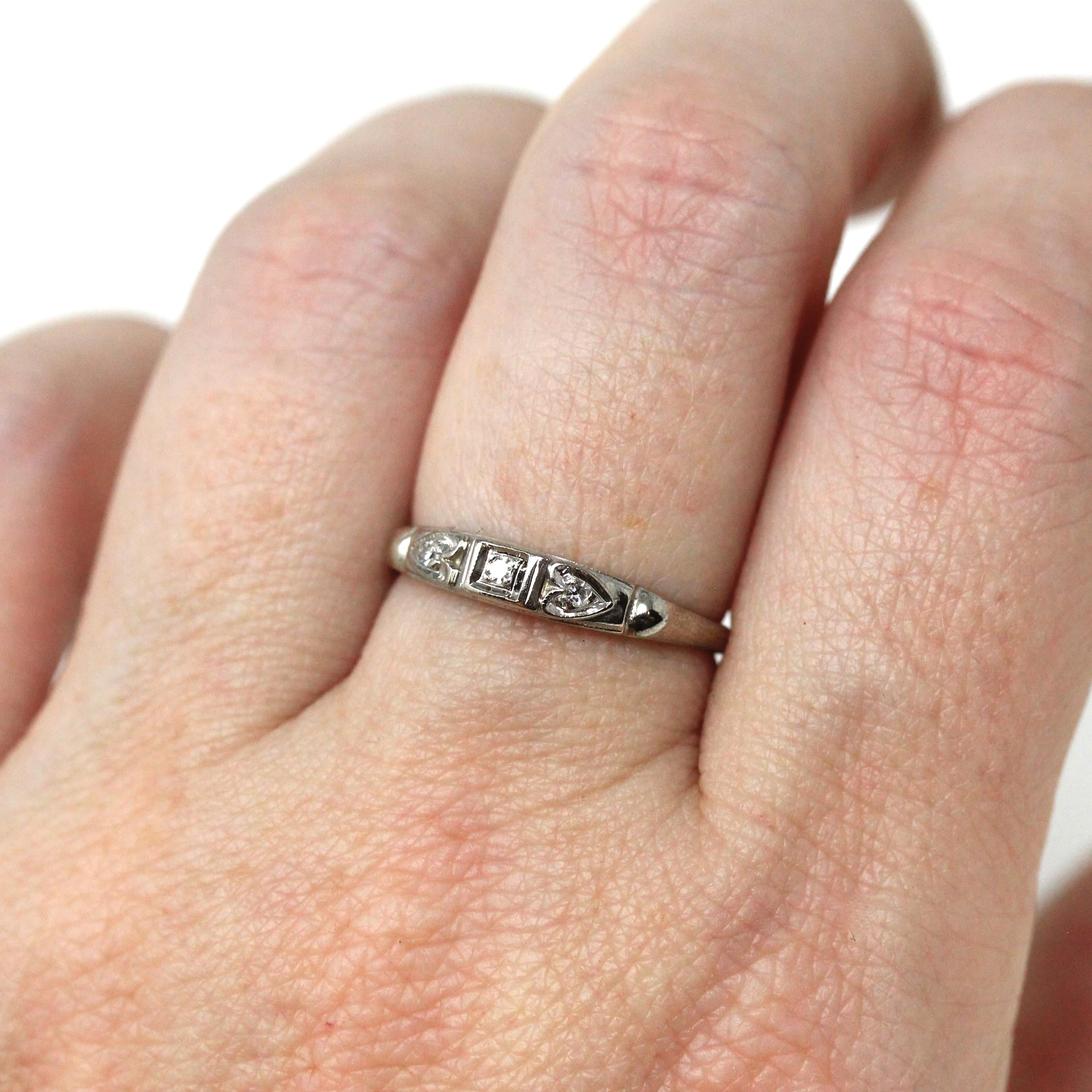 Mid-Century Diamond Band - 14k White Gold Natural Round Single Cut Gemstones Ring - Circa 1950s Era Size 5 3/4 Fine Wedding Bridal Jewelry