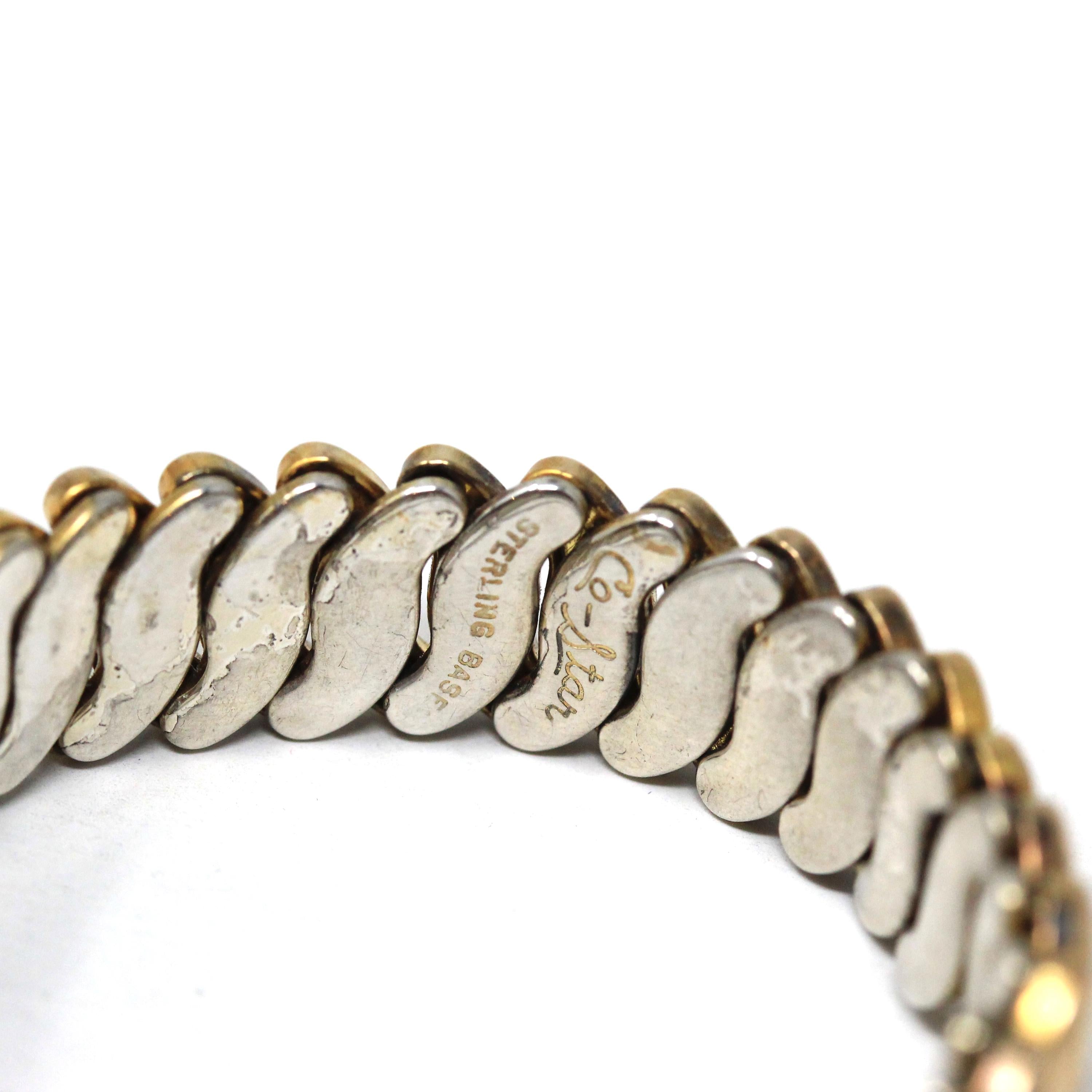 Vintage Expansion Bracelet - Retro 10k Gold Filled Sterling Base Heart Flower Stretch Links - Circa 1940s Era Statement Co Star 40s Jewelry