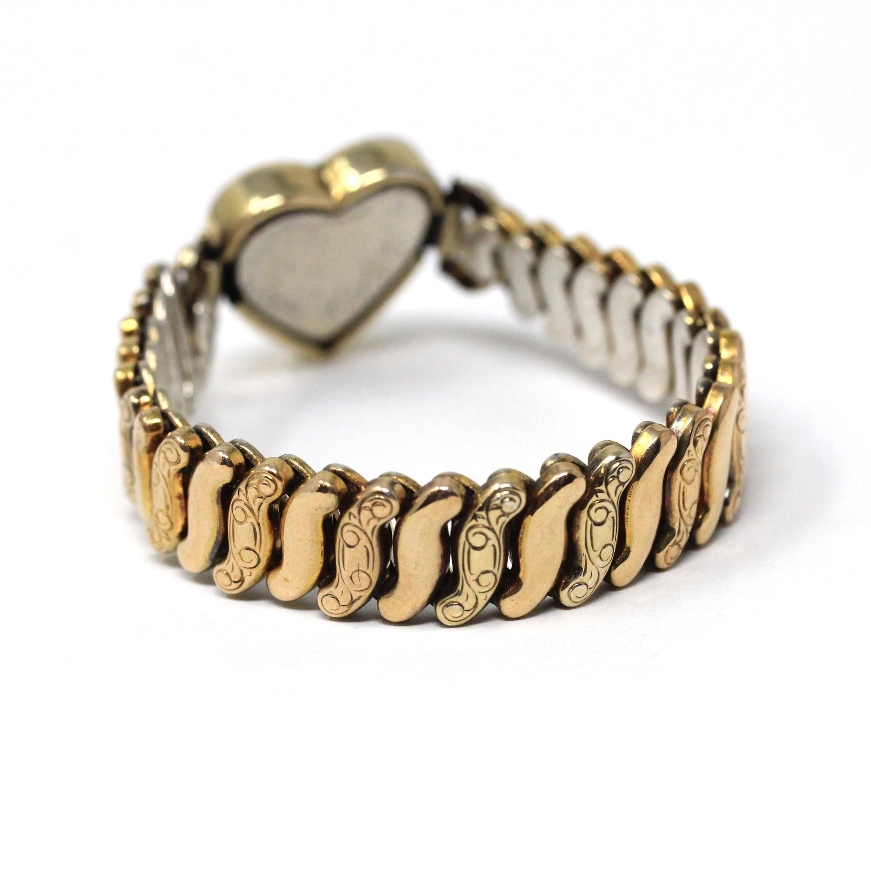 Vintage Expansion Bracelet - Retro 10k Gold Filled Sterling Base Heart Flower Stretch Links - Circa 1940s Era Statement Co Star 40s Jewelry