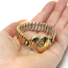 Vintage Expansion Bracelet - Retro 10k Gold Filled Sterling Base Heart Flower Stretch Links - Circa 1940s Era Statement Co Star 40s Jewelry