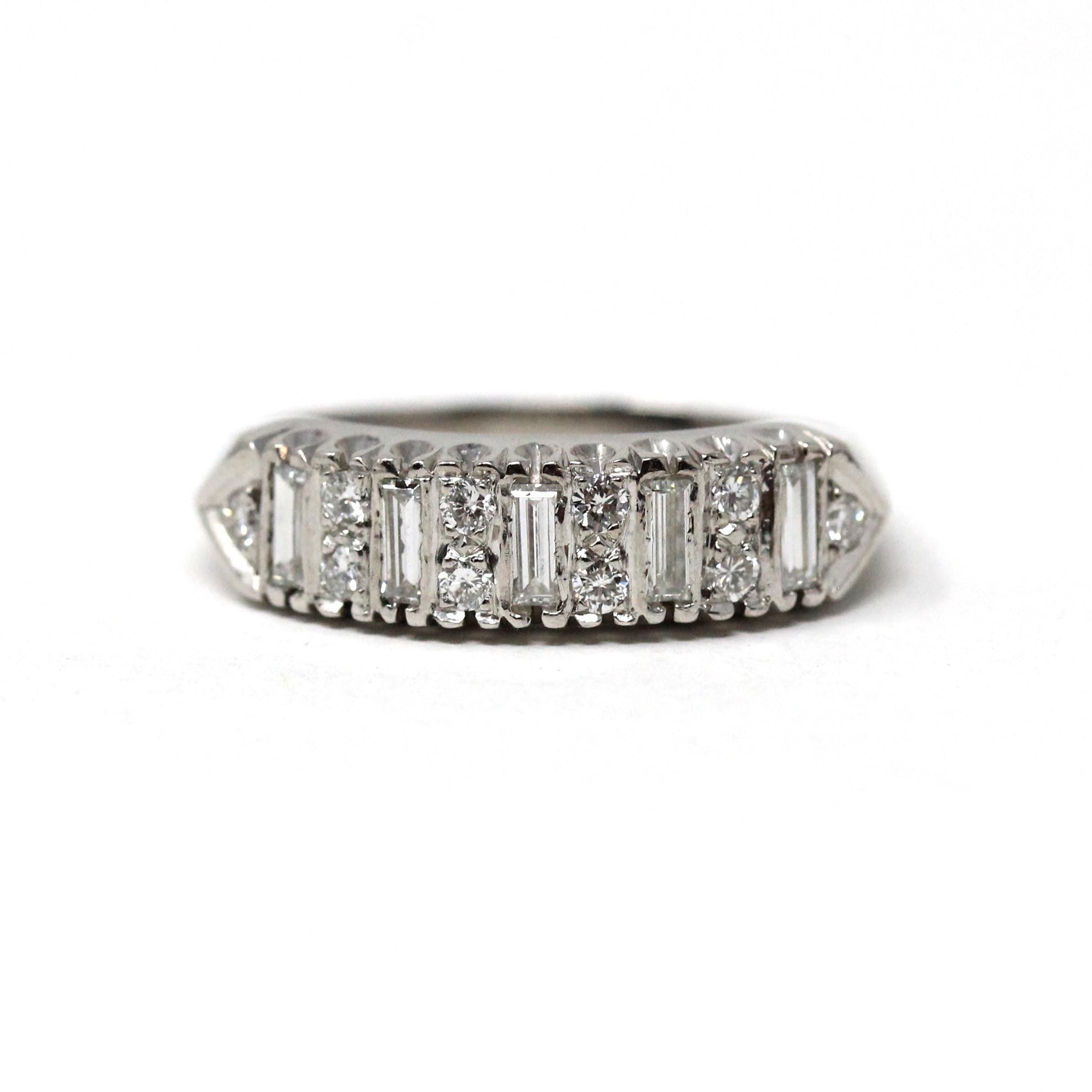Mid Century Diamond Band - Vintage Platinum Natural Baguette Round Cut Gemstones Wedding Bridal Ring - Circa 1960s Size 7 1/4 Fine Jewelry