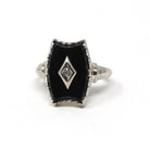 Mid Century Onyx Ring - Vintage 10k White Gold Fancy Cut Black Chalcedony & Diamond Gemstone - Circa 1960s Era Size 7 1/4 Fine 60s Jewelry