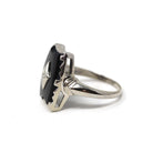 Mid Century Onyx Ring - Vintage 10k White Gold Fancy Cut Black Chalcedony & Diamond Gemstone - Circa 1960s Era Size 7 1/4 Fine 60s Jewelry