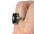 Mid Century Onyx Ring - Vintage 10k White Gold Fancy Cut Black Chalcedony & Diamond Gemstone - Circa 1960s Era Size 7 1/4 Fine 60s Jewelry