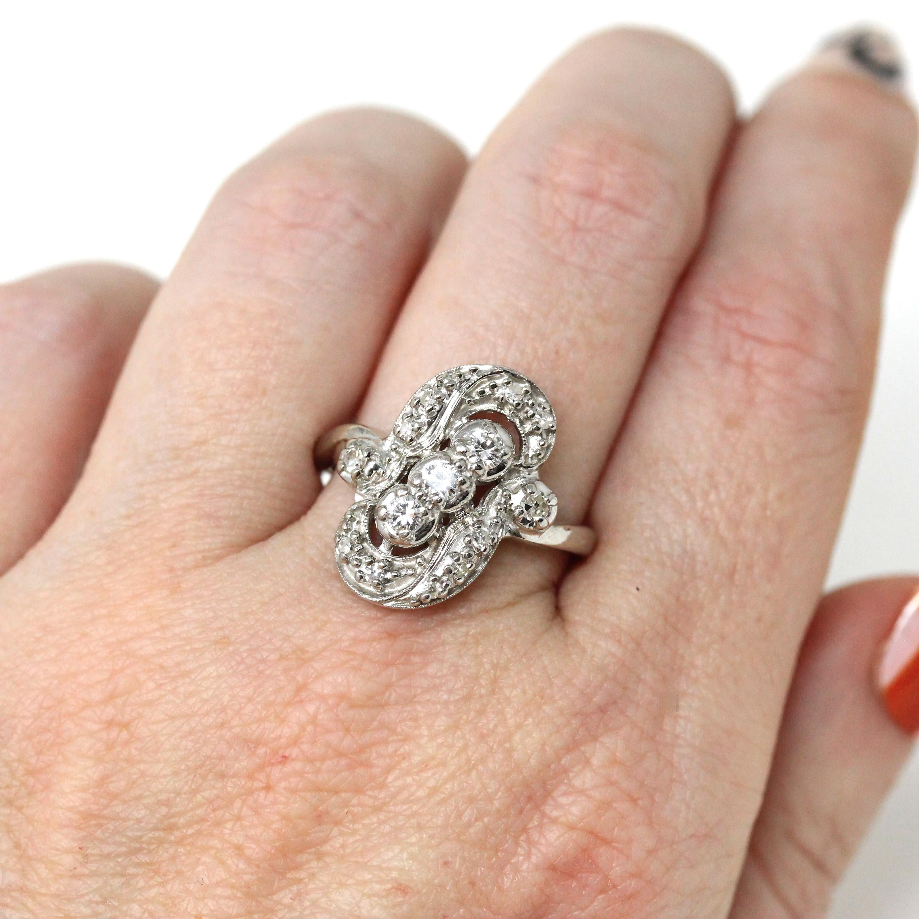 Diamond Cluster Ring - Estate 14k White Gold Natural Gems - Modern Mid Century Style Size 7 1/4 Vintage Inspired Halo Bypass Fine Jewelry