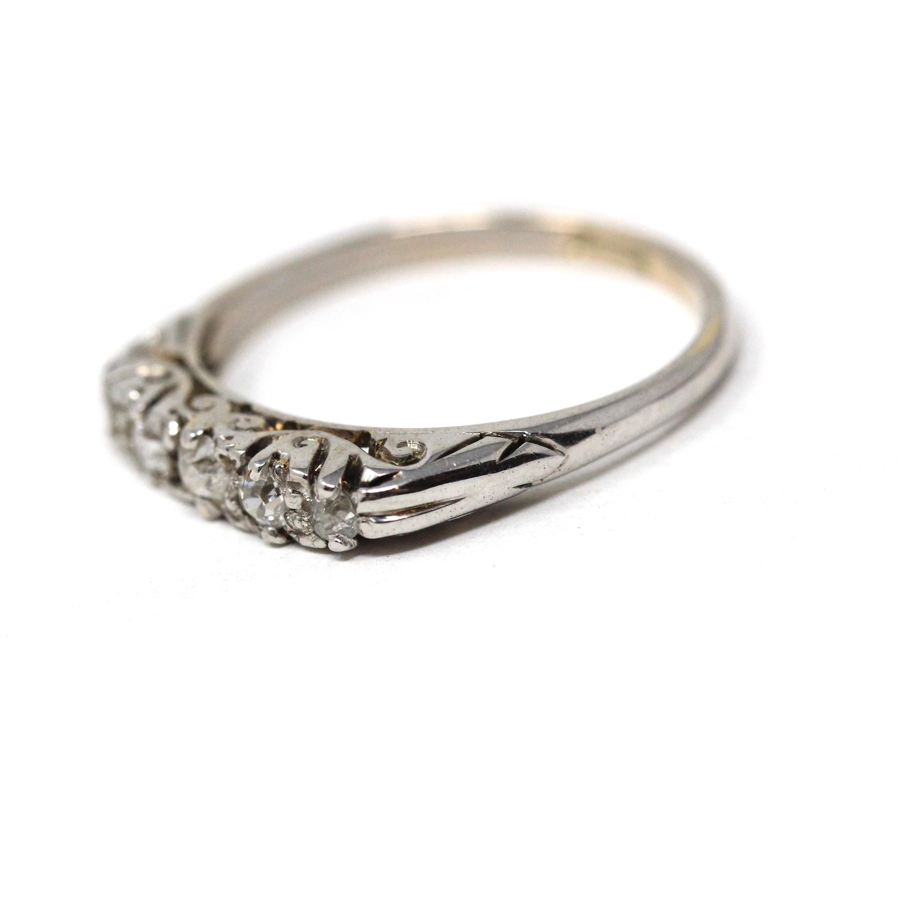 Antique Diamond Band - Vintage 10k Rhodiumed Yellow Gold Natural .25 CTW Five Stone Wedding Ring - Estate Circa 1910s Size 6.75 Fine Jewelry