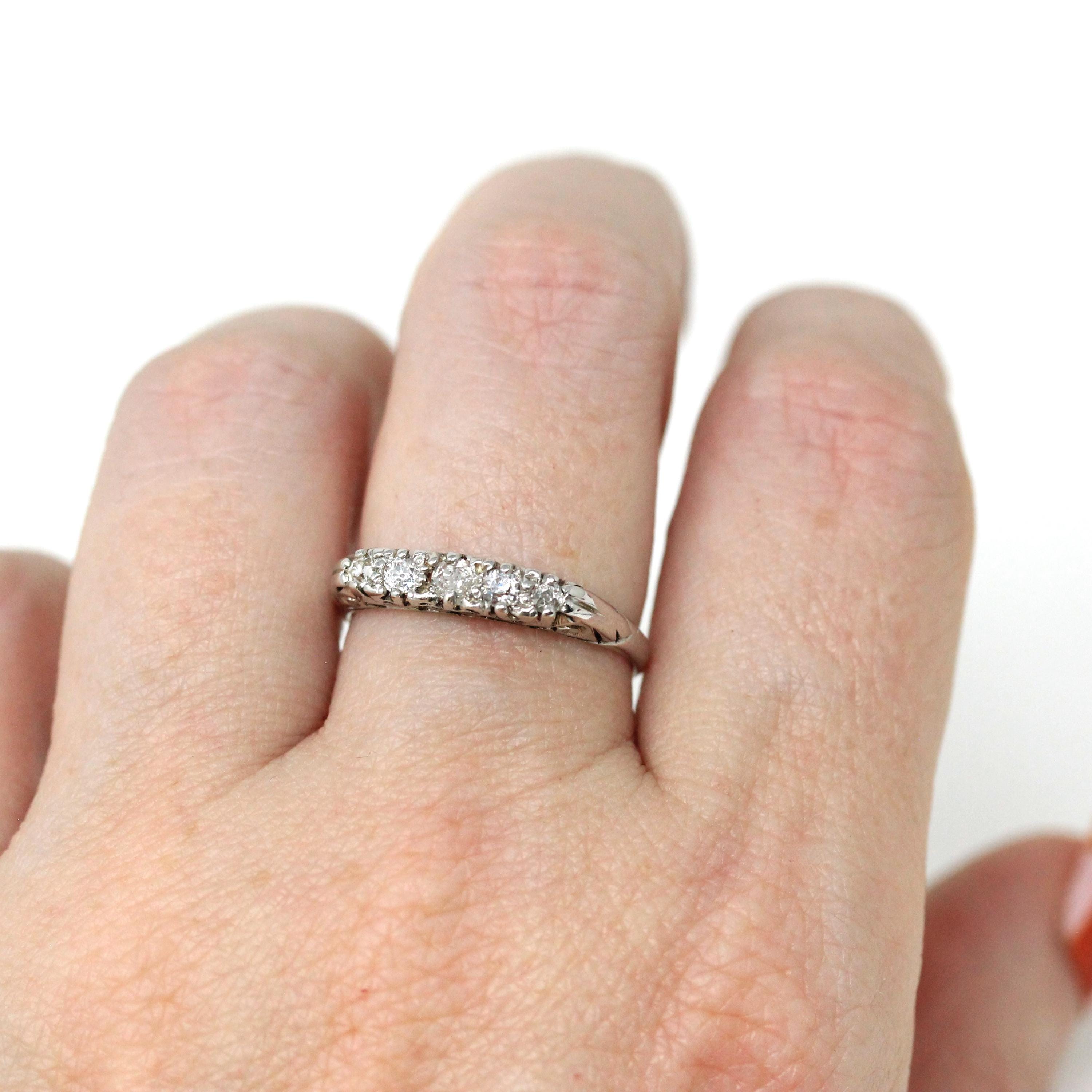 Antique Diamond Band - Vintage 10k Rhodiumed Yellow Gold Natural .25 CTW Five Stone Wedding Ring - Estate Circa 1910s Size 6.75 Fine Jewelry