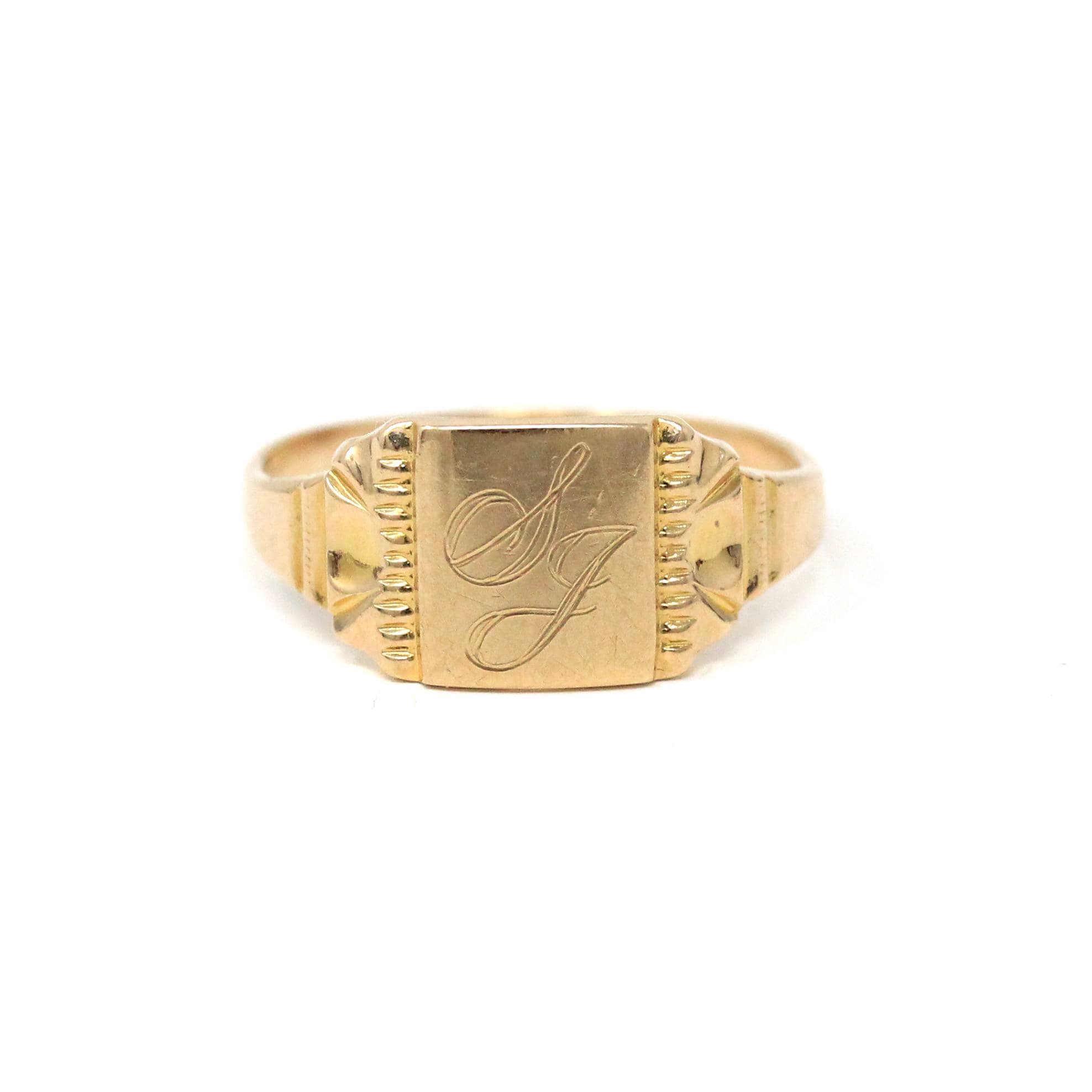 Vintage "SJ" Signet Ring - Mid Century 10k Yellow Gold Engraved Initials Script Letters - Circa 1940s Era Size 4 1/4 Petite BDA Fine Jewelry