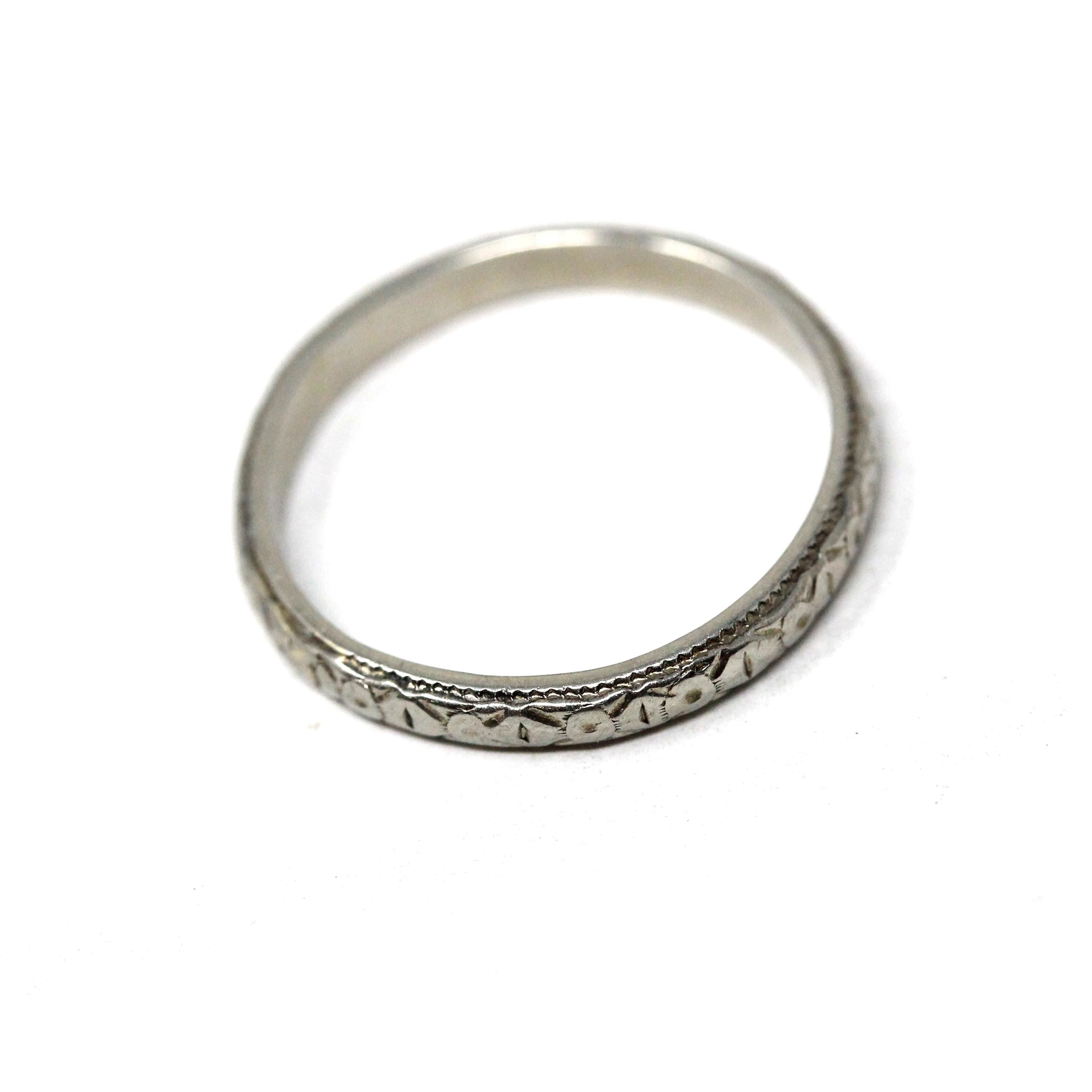 Antique Wedding Band - Art Deco Era 18k White Gold Eternity Design Ring - Vintage Circa 1930s Size 5 1/4 Stacking Bridal Fine Unisex Jewelry
