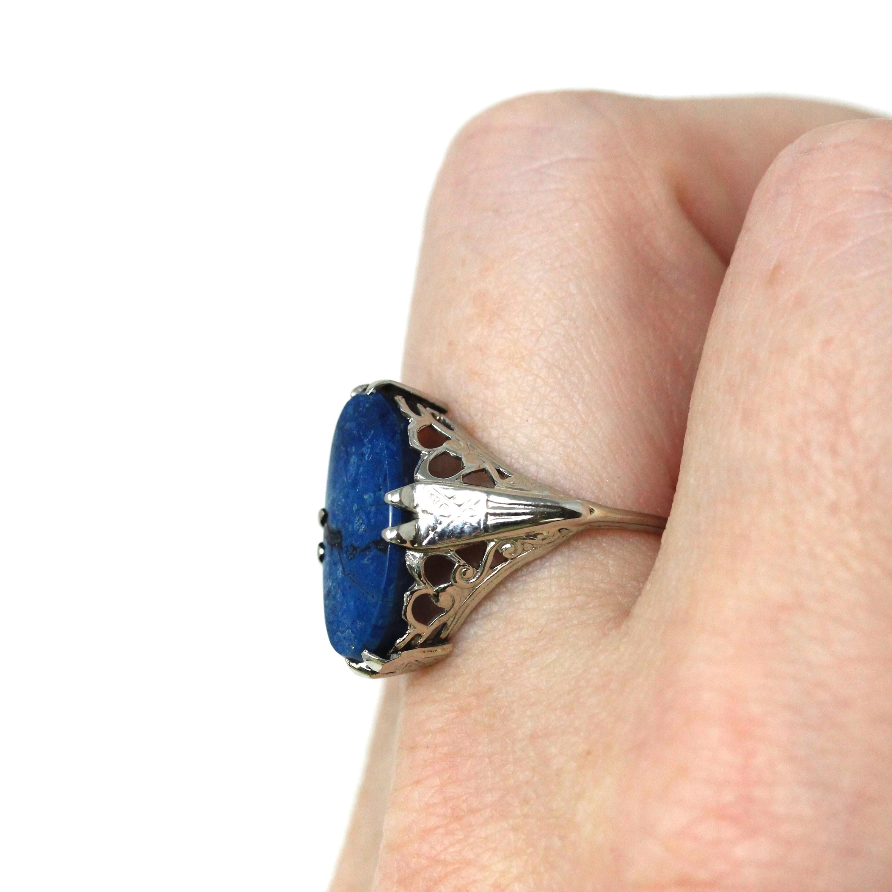 Antique Blue Jasper Ring - Art Deco 14k White Gold Natural Gemstone Statement - Vintage Circa 1920s Era Size 6 1/4 Filigree Fine 20s Jewelry