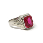 Art Deco Ring - Vintage 10k White Gold Created Red Ruby Men's Unisex Ring - Circa 1930s Size 10 July Birthstone Statement Fine 30s Jewelry