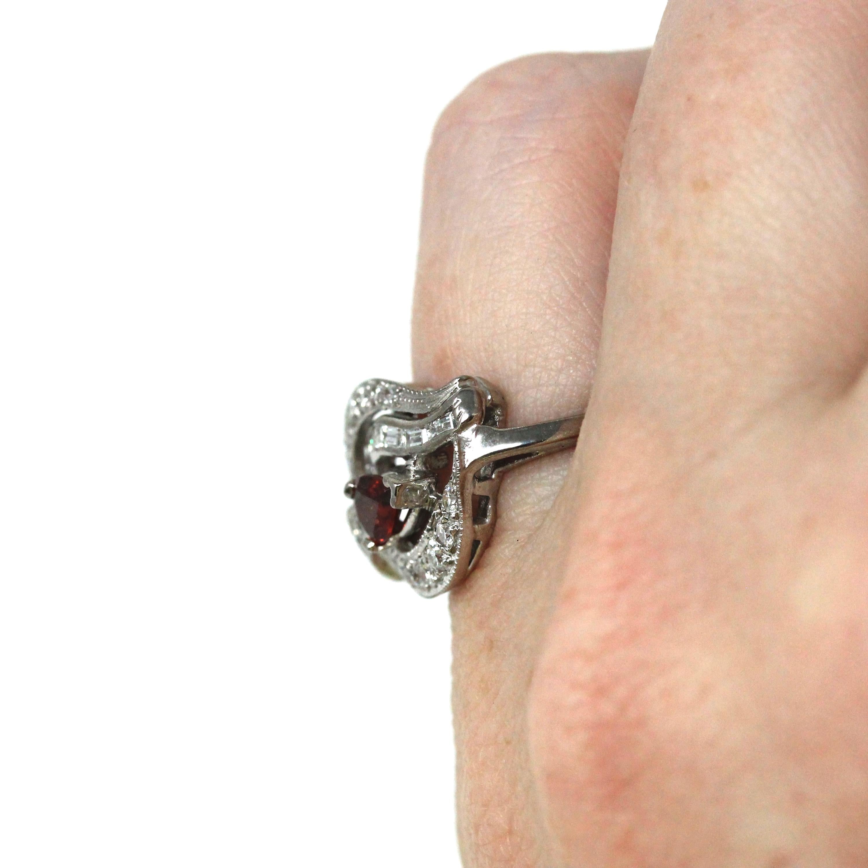 Vintage Cocktail Ring - Mid Century 14k White Gold Natural Garnet Diamonds Statement - Circa 1950s Era Size 4 3/4 Cluster Swirl Fine Jewelry