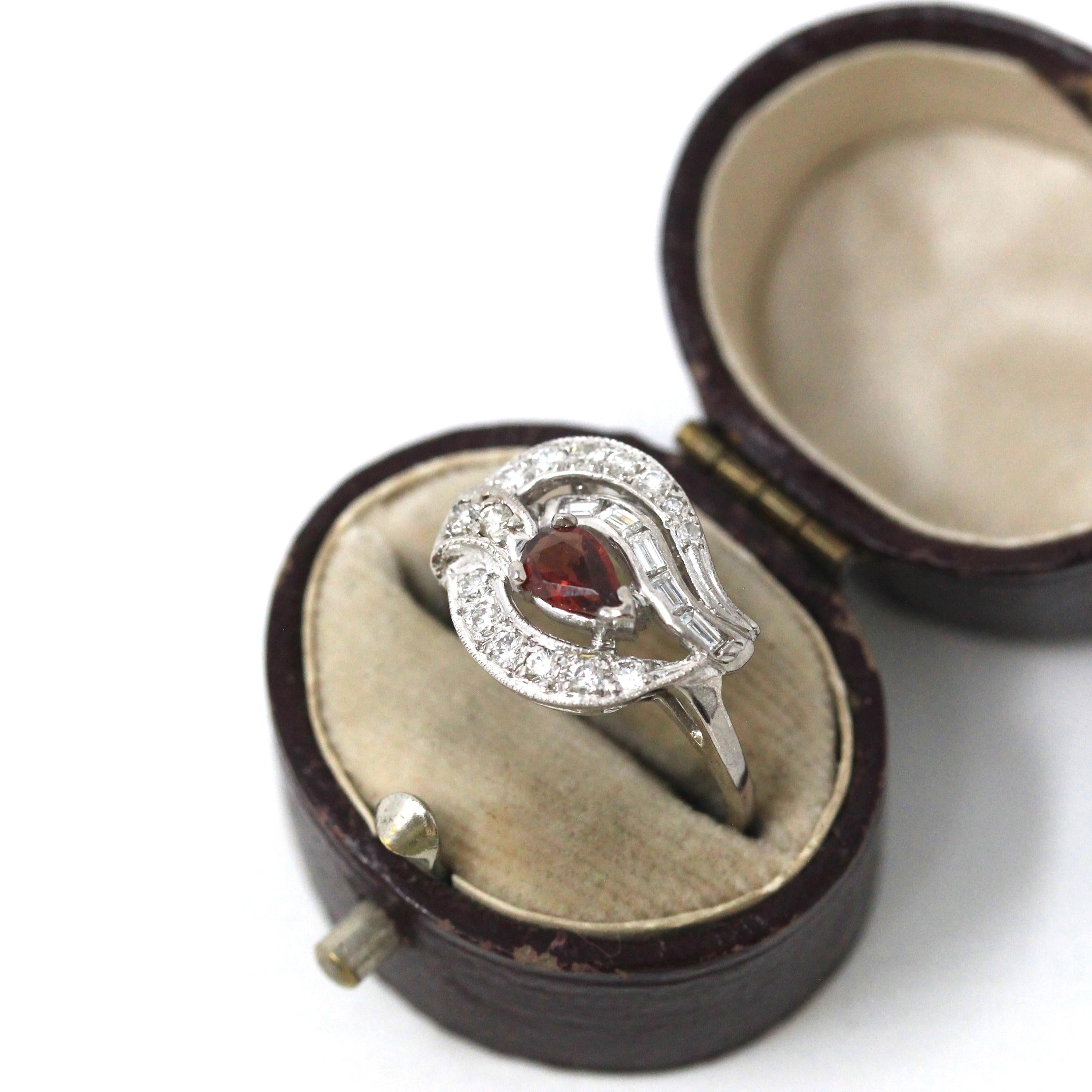 Vintage Cocktail Ring - Mid Century 14k White Gold Natural Garnet Diamonds Statement - Circa 1950s Era Size 4 3/4 Cluster Swirl Fine Jewelry