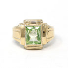 Created Spinel Ring - Retro Sterling Silver & 10k Gold Rectangular Faceted Cut Pale Green Stone - Circa 1940s Era Size 9 Statement Jewelry
