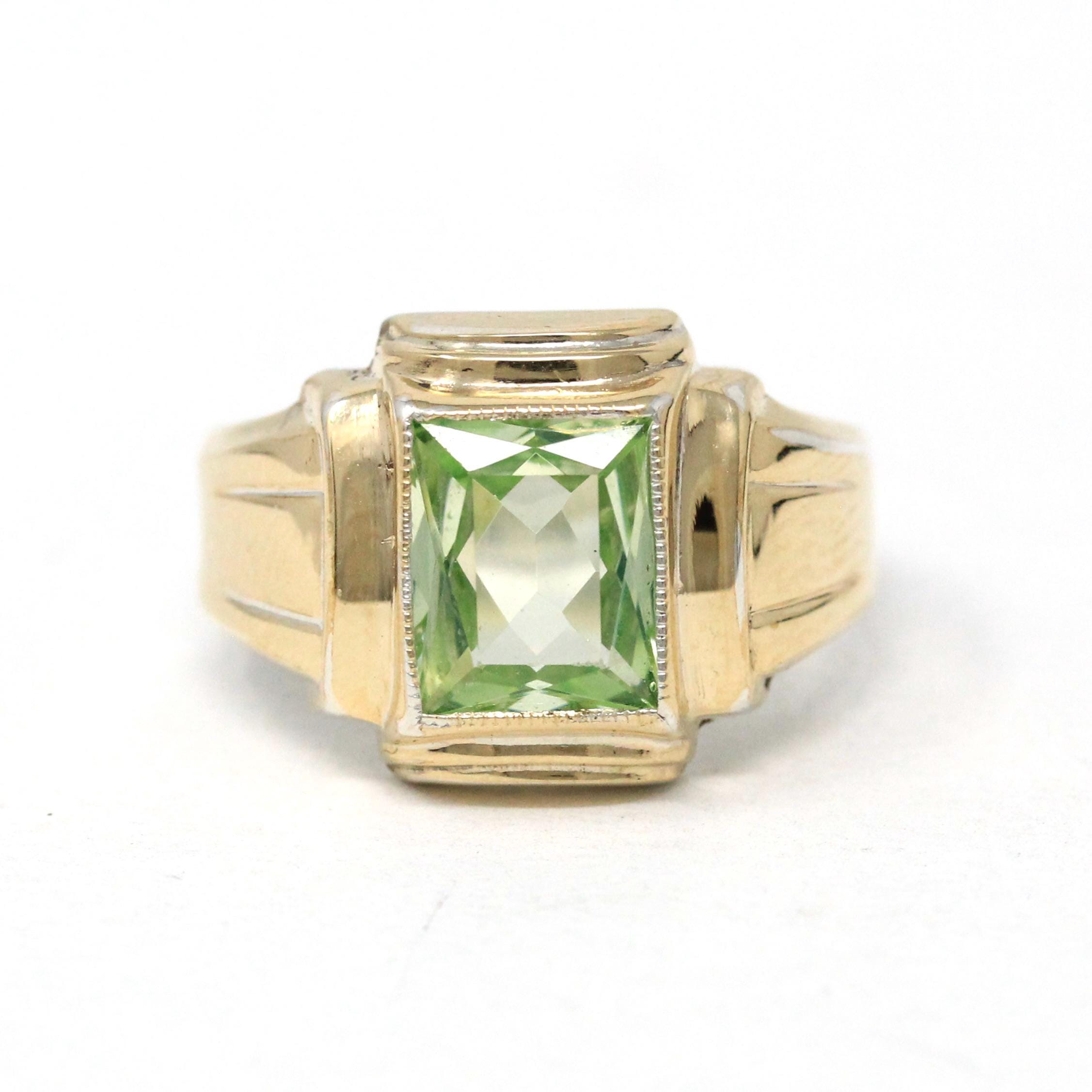 Created Spinel Ring - Retro Sterling Silver & 10k Gold Rectangular Faceted Cut Pale Green Stone - Circa 1940s Era Size 9 Statement Jewelry