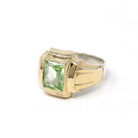 Created Spinel Ring - Retro Sterling Silver & 10k Gold Rectangular Faceted Cut Pale Green Stone - Circa 1940s Era Size 9 Statement Jewelry