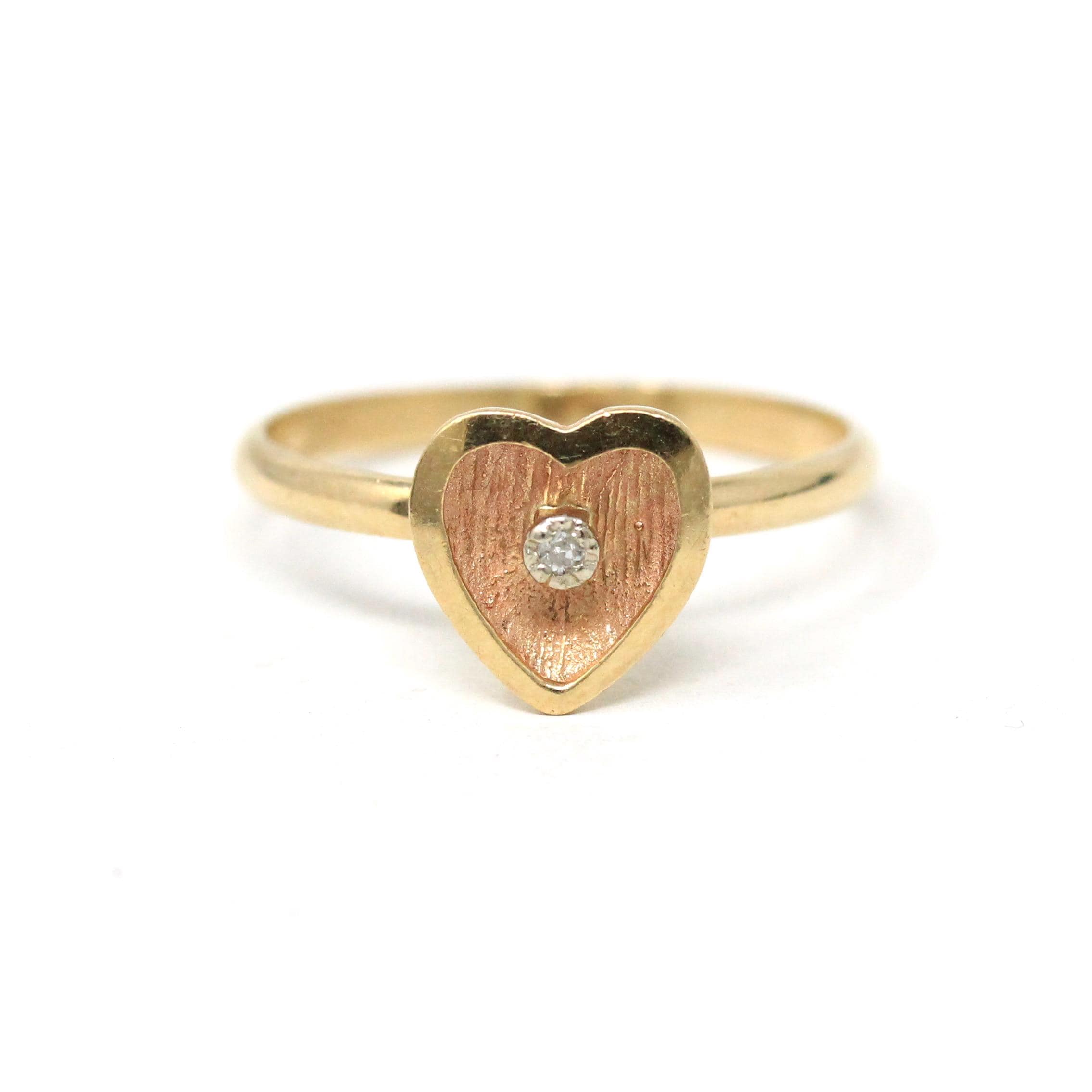 Diamond Heart Ring - Estate 14k Yellow Gold Natural .01 CT Gemstone - Modern Circa 1990's Era Size 6 3/4 Florentine Finish Love Fine Jewelry