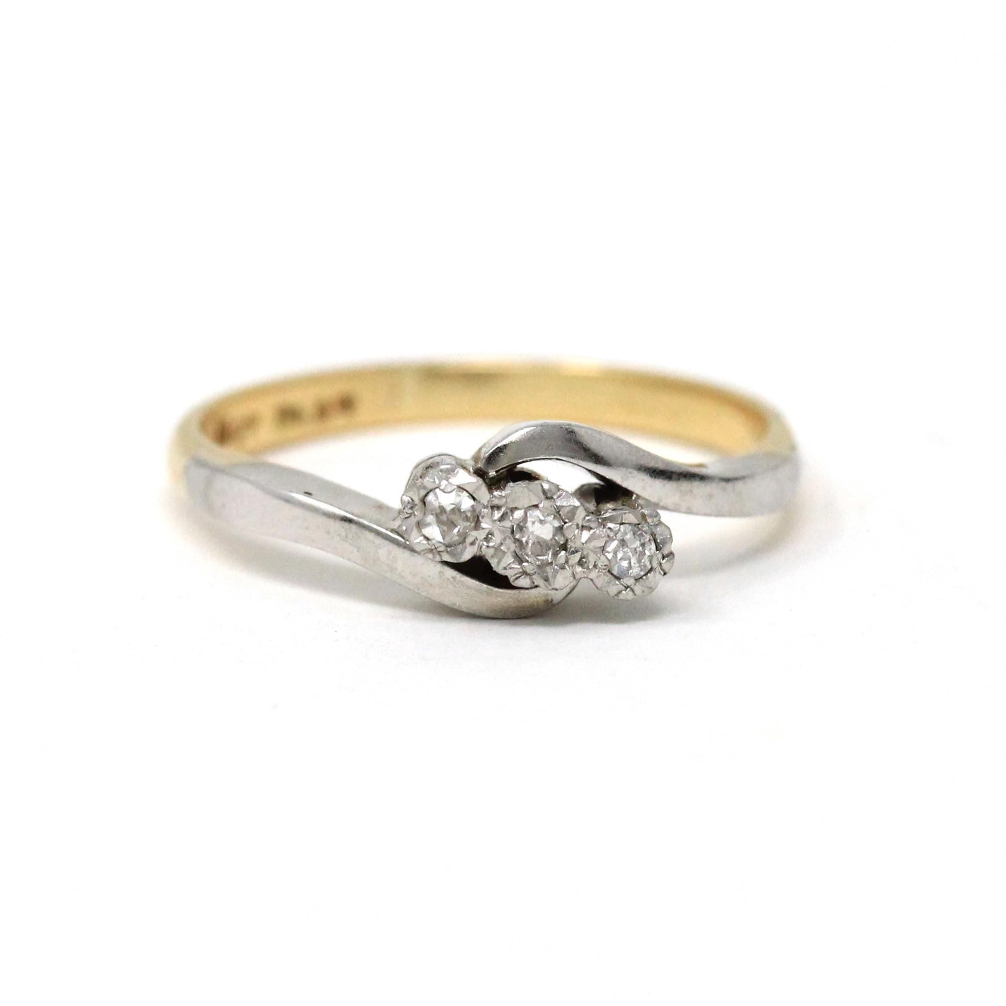 Diamond Bypass Ring - Retro 18k Yellow Gold & Platinum Natural Gemstone Bypass Band - Circa 1970s Era Size 7 1/4 Fine Engagement Jewelry