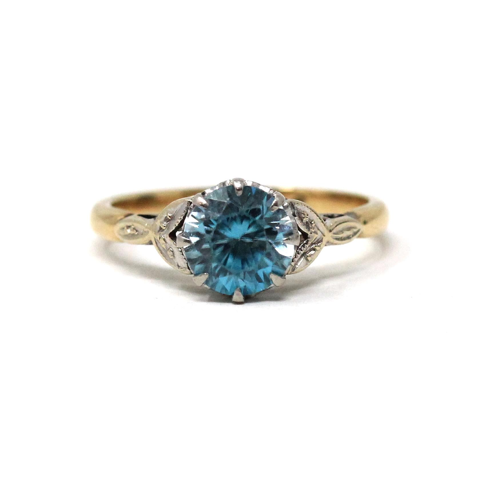 Vintage Blue Zircon Ring - Mid Century 9k Yellow Gold & Platinum Two Tone Blue Gemstone - Circa 1960s Era Size 6 Solitaire Fine Jewelry