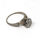 Art Deco Flower Ring - Vintage 14k White Gold Diamond 0.42 CTW Gemstone - Circa 1930s Era Size 7 1/2 Wheat Engraved Fine Statement Jewelry