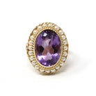 Mid Century Amethyst Ring - Vintage 14k Yellow Gold Purple Gemstone - Circa 1940s Era Size 7 3/4 Seed Pearl Halo Fine Statement Jewelry