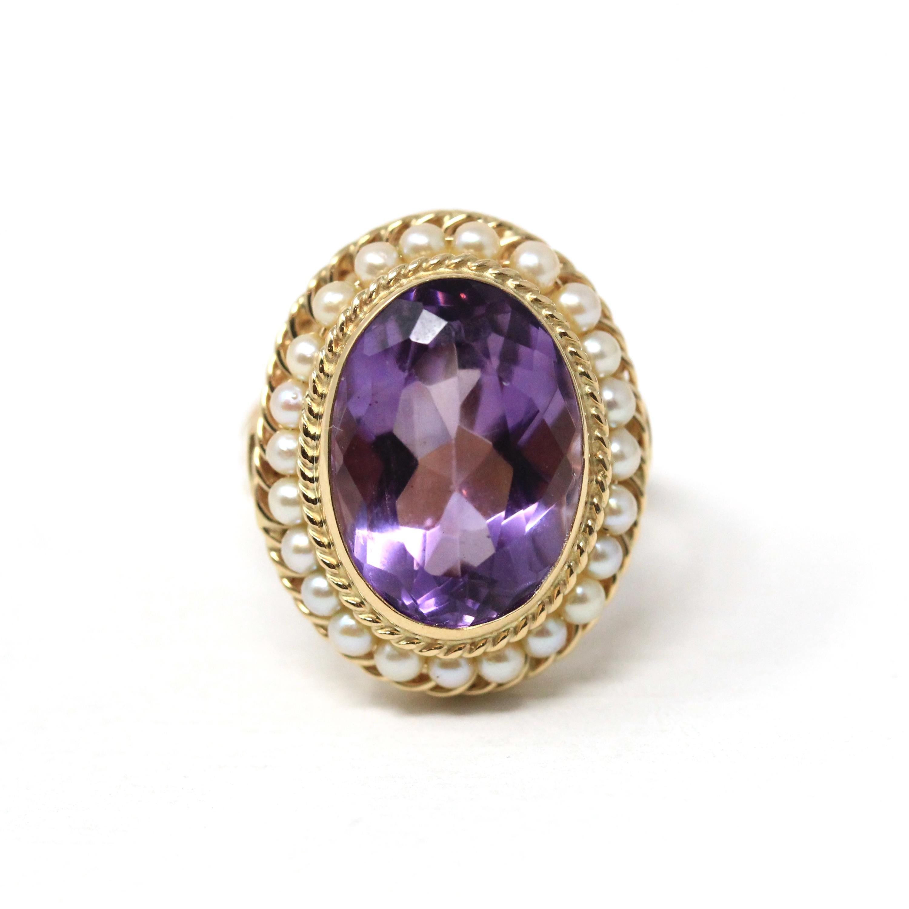 Mid Century Amethyst Ring - Vintage 14k Yellow Gold Purple Gemstone - Circa 1940s Era Size 7 3/4 Seed Pearl Halo Fine Statement Jewelry