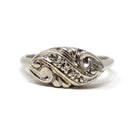 Mid Century Ring - Vintage 14k White Gold Three Natural .015 CTW Diamonds - Circa 1950s Era Size 7 1/2 Swirl Design Fine Statement Jewelry