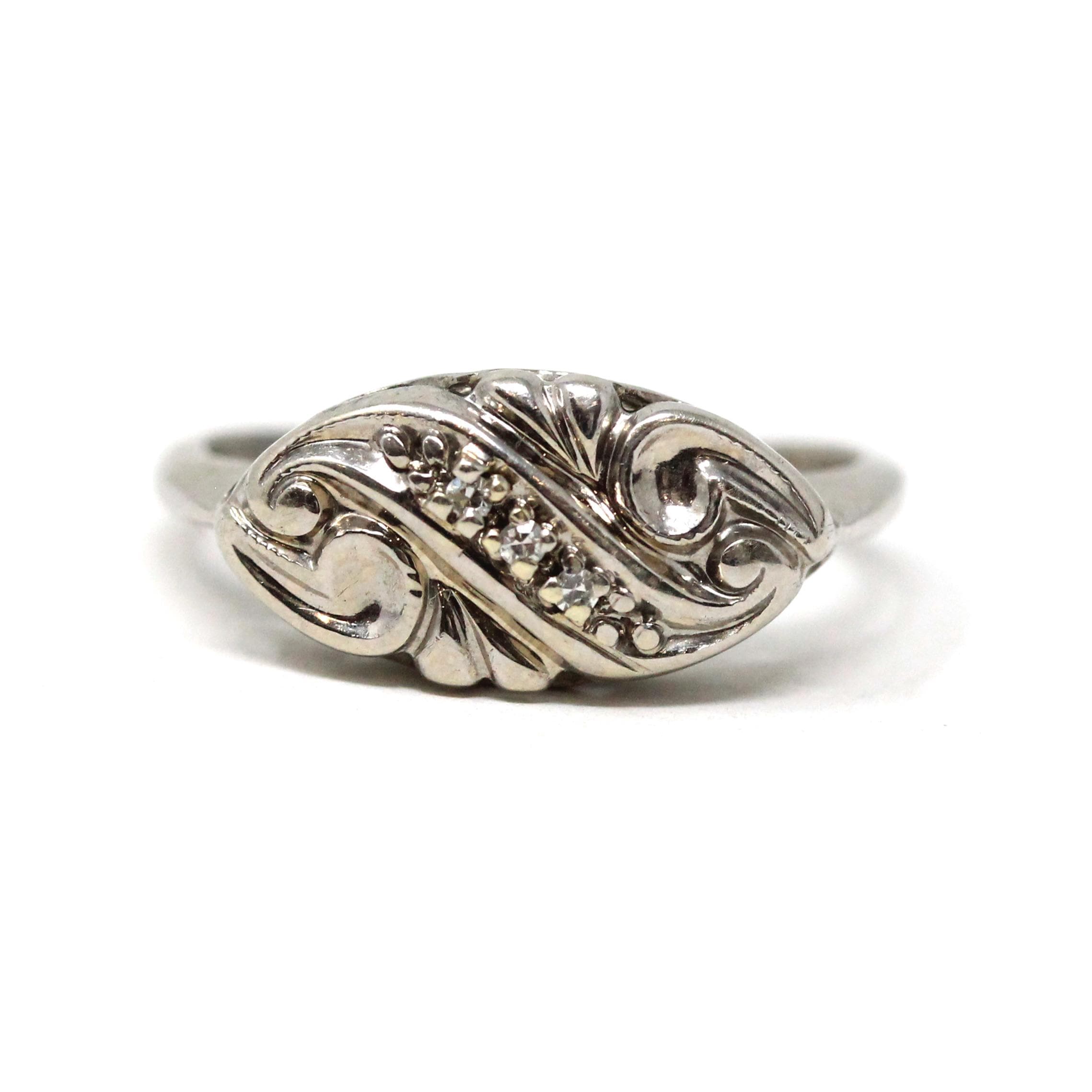 Mid Century Ring - Vintage 14k White Gold Three Natural .015 CTW Diamonds - Circa 1950s Era Size 7 1/2 Swirl Design Fine Statement Jewelry