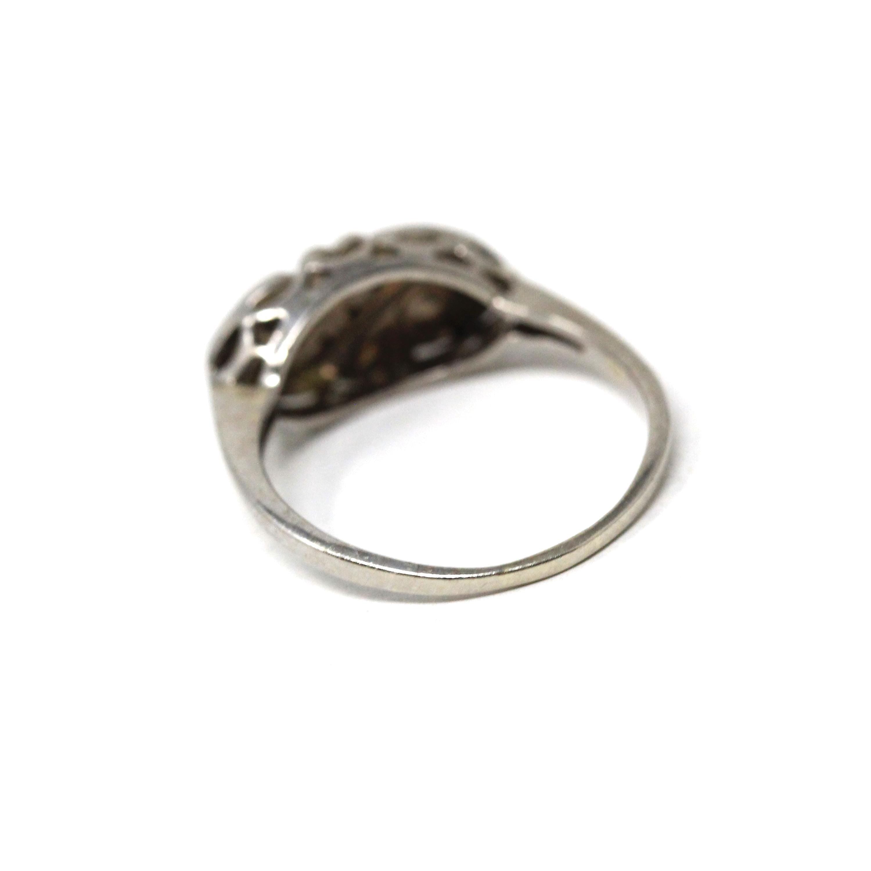 Mid Century Ring - Vintage 14k White Gold Three Natural .015 CTW Diamonds - Circa 1950s Era Size 7 1/2 Swirl Design Fine Statement Jewelry