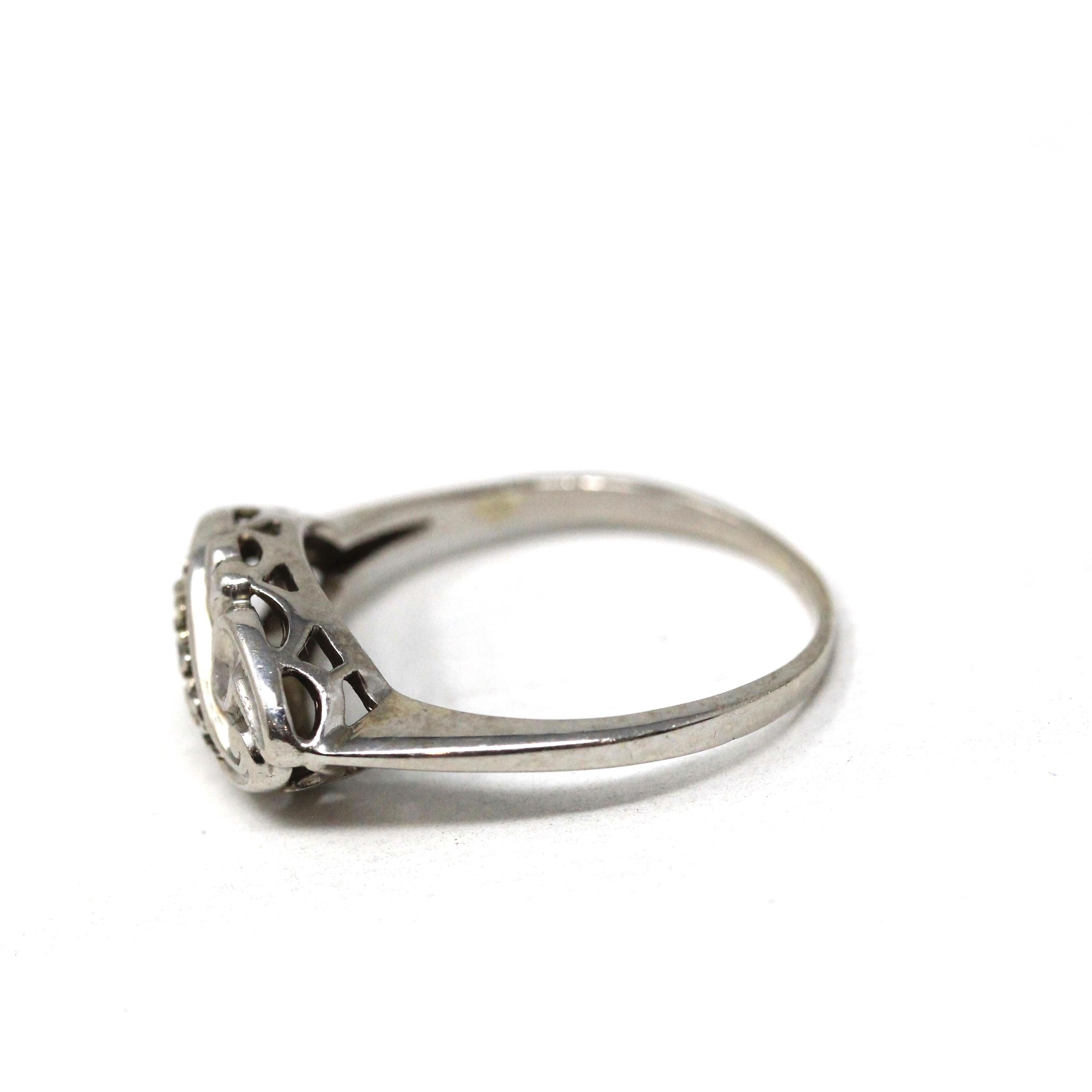 Mid Century Ring - Vintage 14k White Gold Three Natural .015 CTW Diamonds - Circa 1950s Era Size 7 1/2 Swirl Design Fine Statement Jewelry