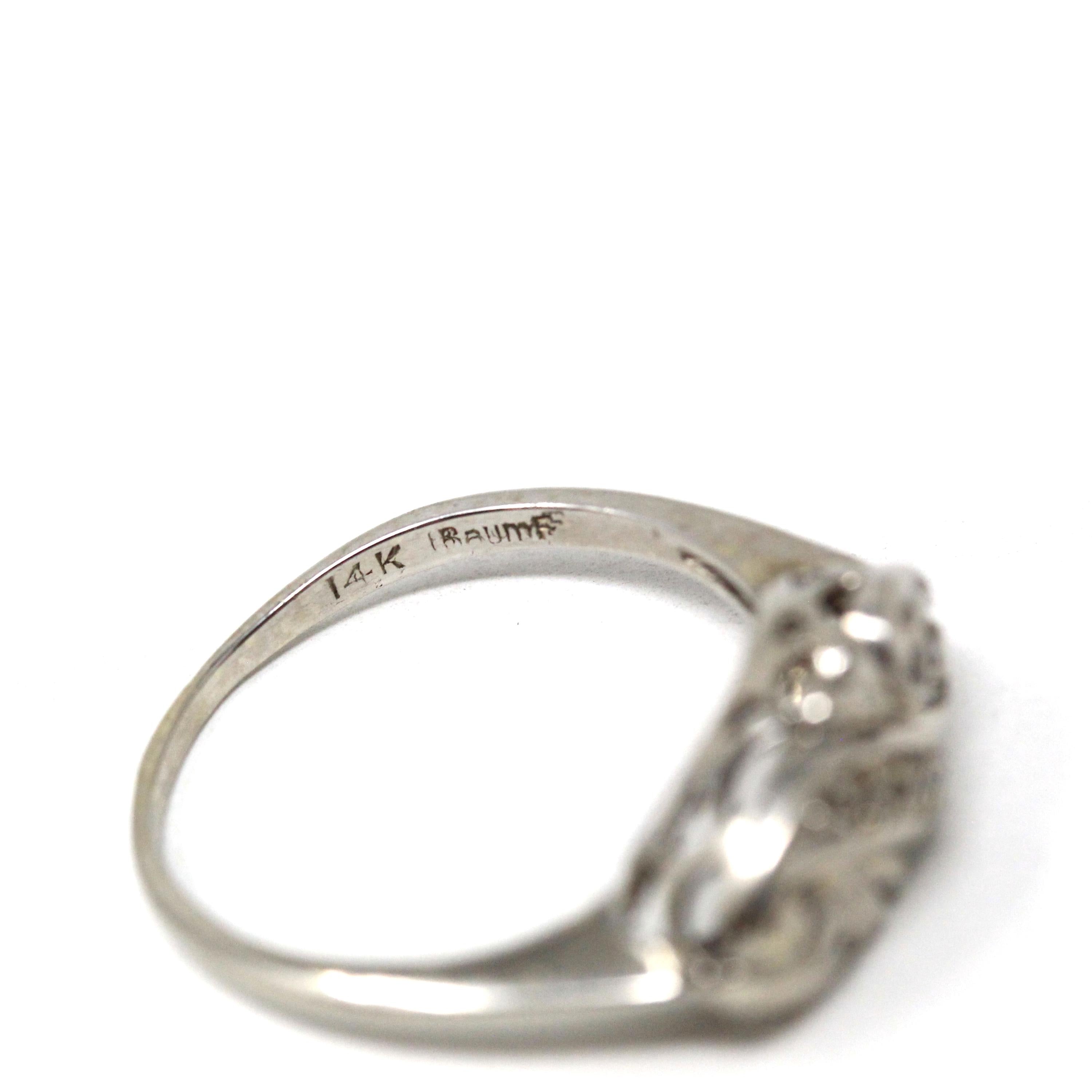 Mid Century Ring - Vintage 14k White Gold Three Natural .015 CTW Diamonds - Circa 1950s Era Size 7 1/2 Swirl Design Fine Statement Jewelry