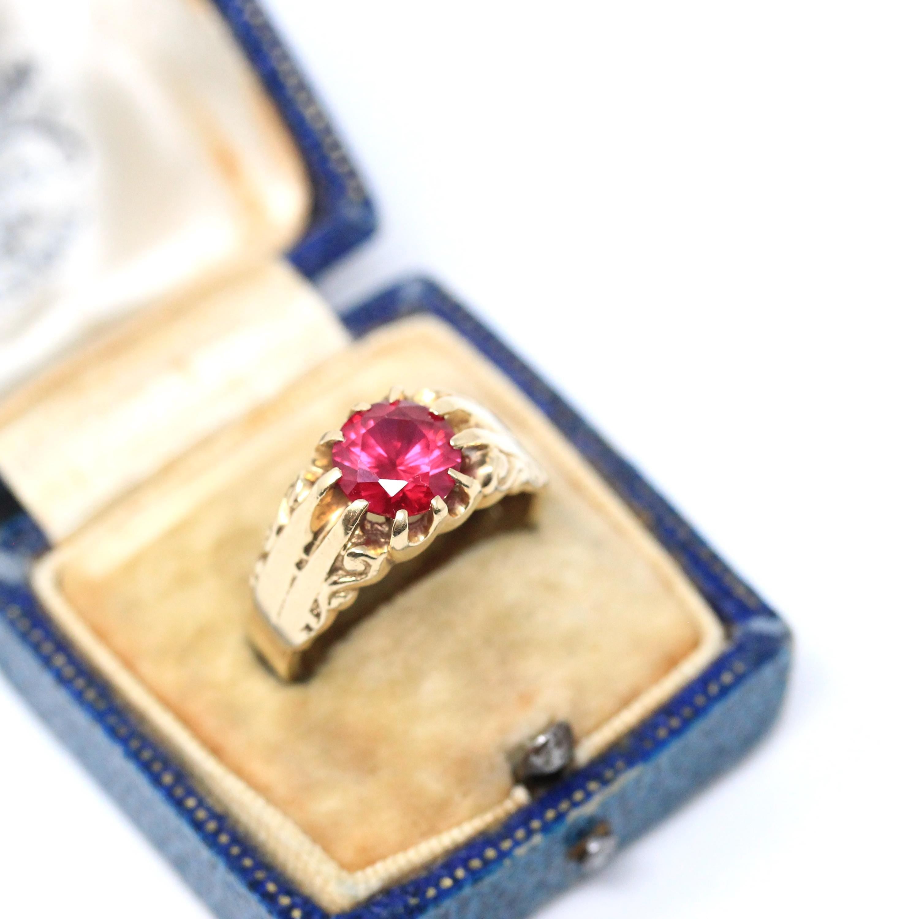 Created Ruby Ring - Mid Century 10k Yellow Gold Round Faceted July Birthstone - Vintage Circa 1940s Era Size 8 3/4 Statement Fine Jewelry