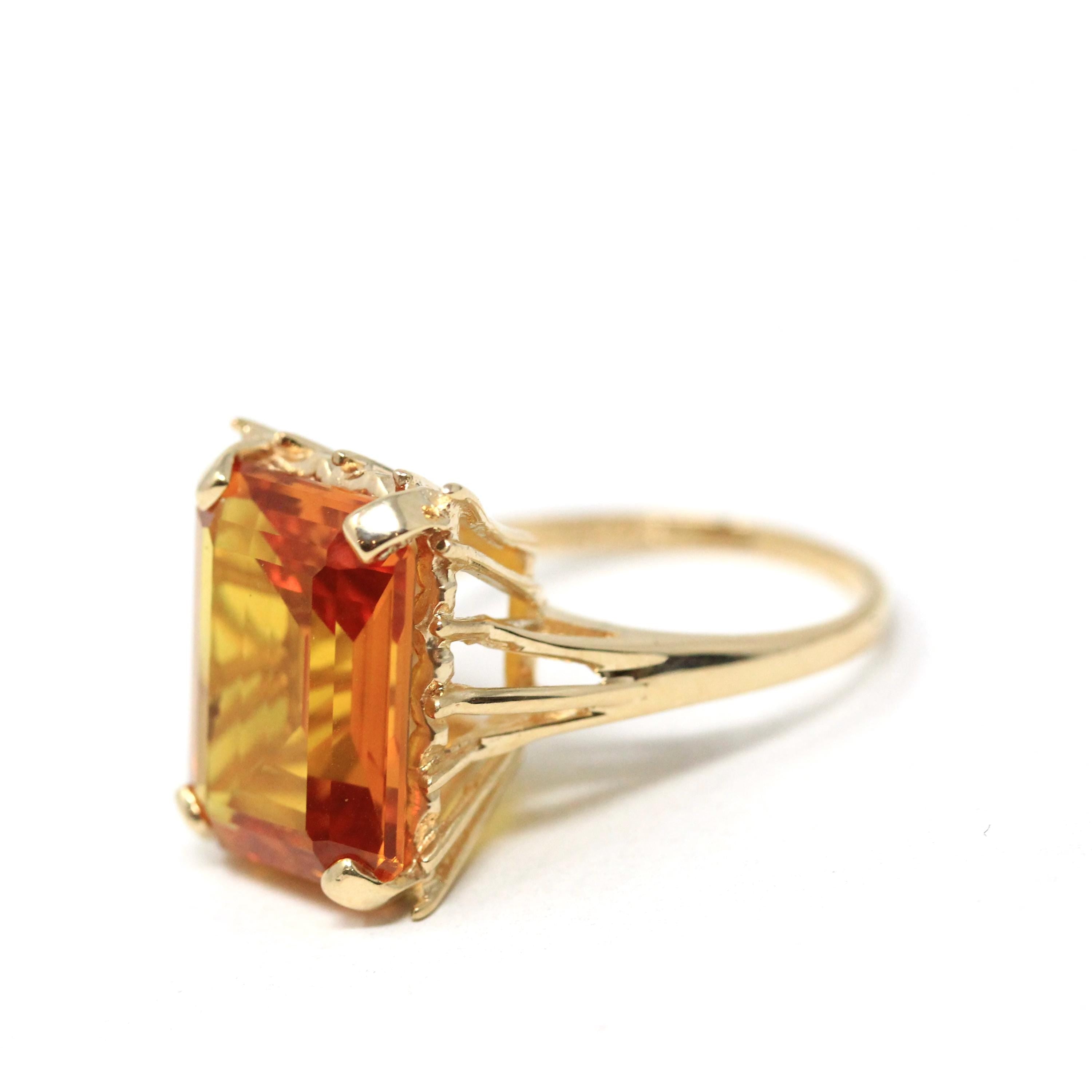 Created Orange Sapphire Ring - Estate 14k Yellow Gold Emerald Cut 11.50 CT Gem - Vintage Circa 2000s Era Size 8 1/2 Statement Fine Jewelry