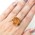 Created Orange Sapphire Ring - Estate 14k Yellow Gold Emerald Cut 11.50 CT Gem - Vintage Circa 2000s Era Size 8 1/2 Statement Fine Jewelry
