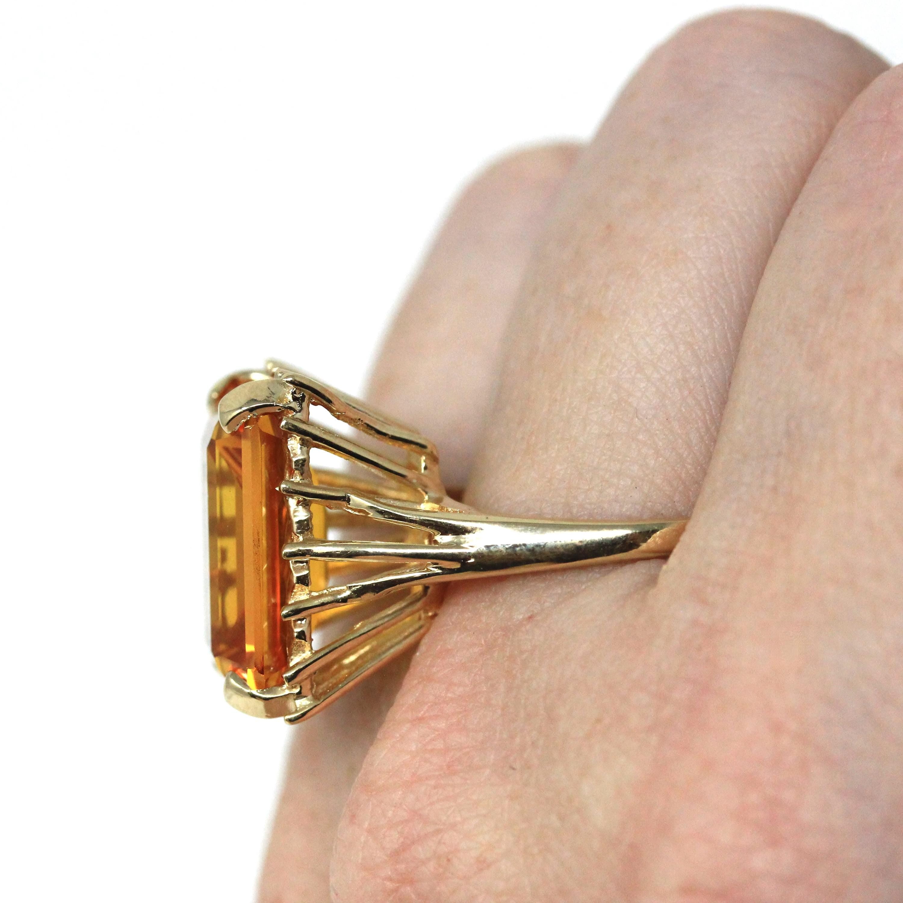 Created Orange Sapphire Ring - Estate 14k Yellow Gold Emerald Cut 11.50 CT Gem - Vintage Circa 2000s Era Size 8 1/2 Statement Fine Jewelry