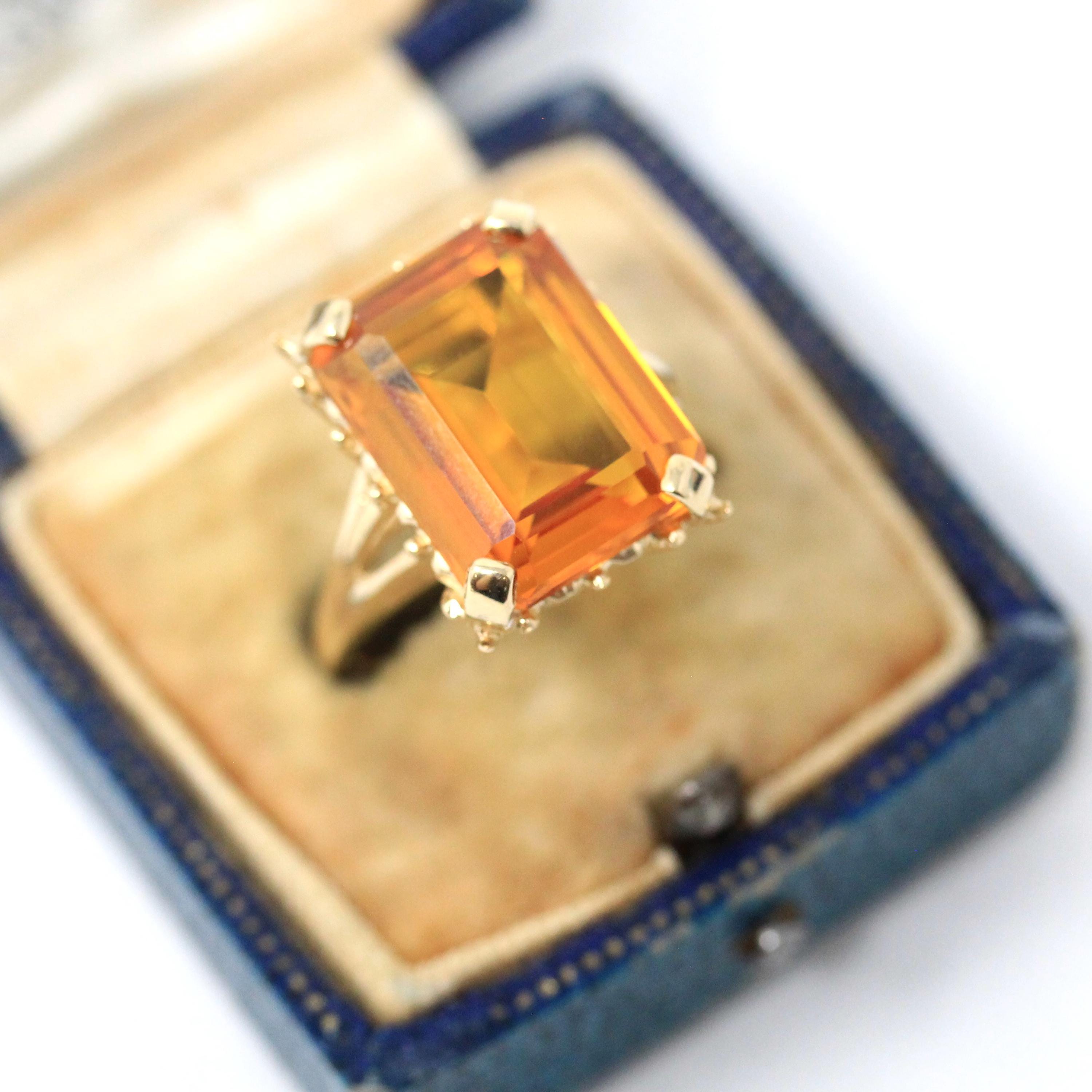 Created Orange Sapphire Ring - Estate 14k Yellow Gold Emerald Cut 11.50 CT Gem - Vintage Circa 2000s Era Size 8 1/2 Statement Fine Jewelry