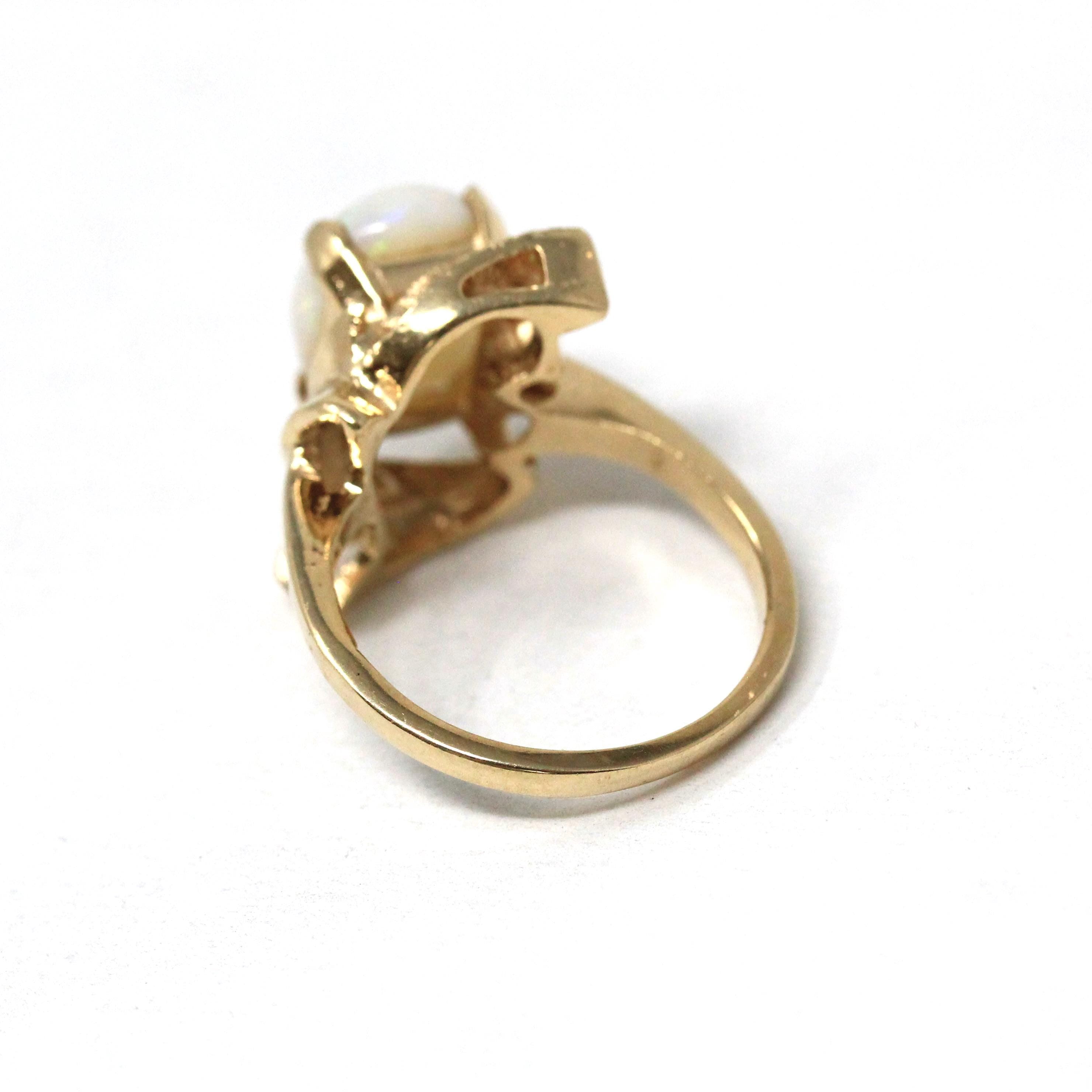 Vintage Opal Ring - Retro 14k Yellow Gold Natural Gemstone Solitaire - Circa 1970s Size 6 Swoop Leaf Design October Birthstone Fine Jewelry