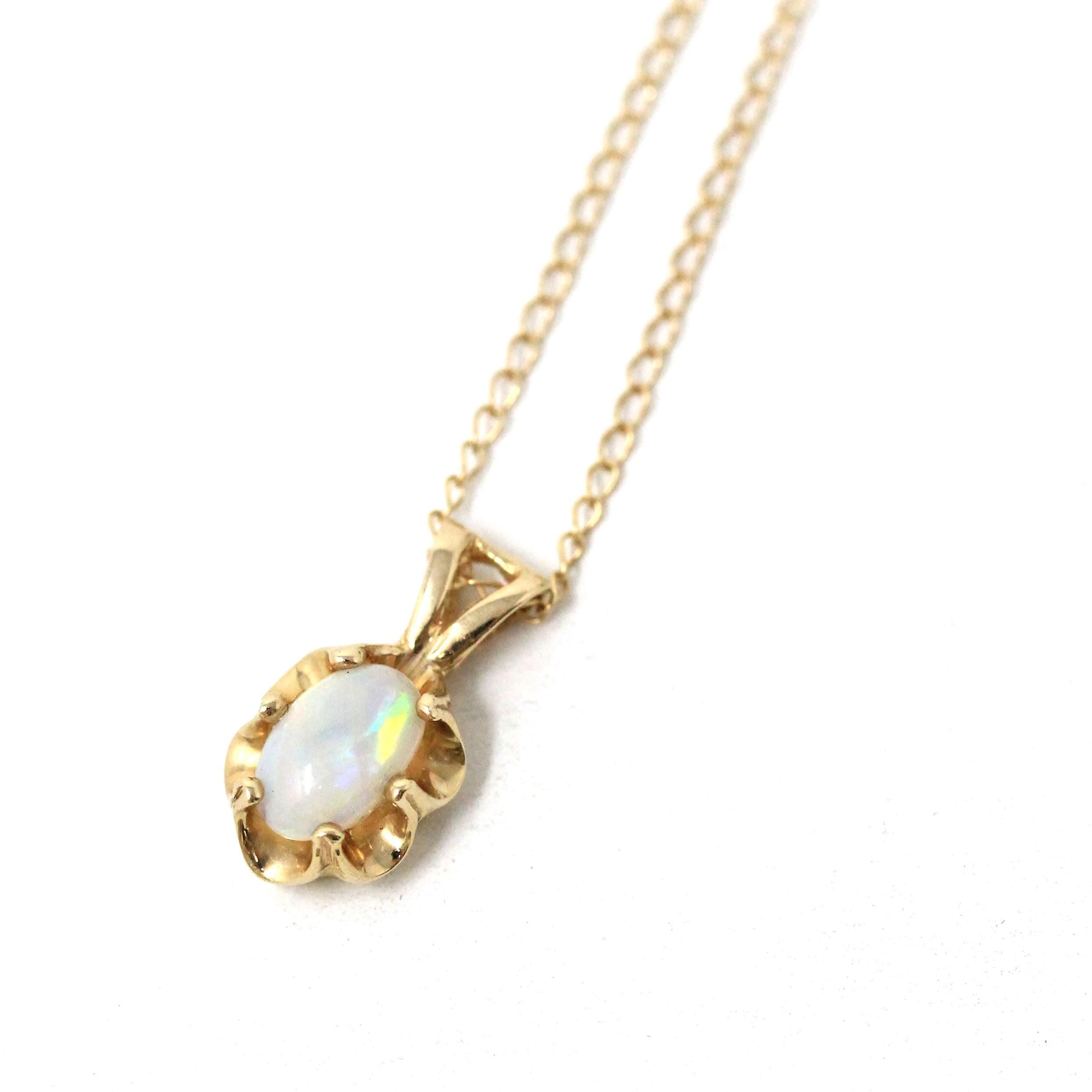 Natural Opal Pendant - Estate 14k Yellow Gold Cabochon Cut .25 CT Gem Necklace - Modern Circa 2000's Era October Birthstone Fine Jewelry