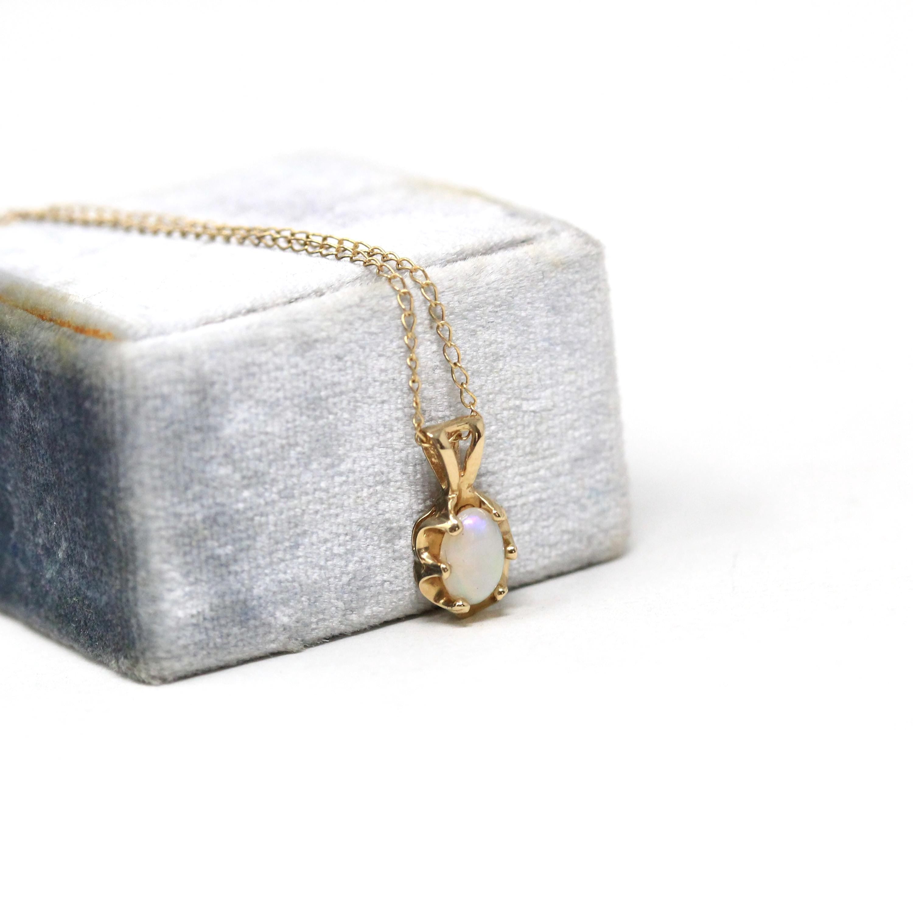 Natural Opal Pendant - Estate 14k Yellow Gold Cabochon Cut .25 CT Gem Necklace - Modern Circa 2000's Era October Birthstone Fine Jewelry